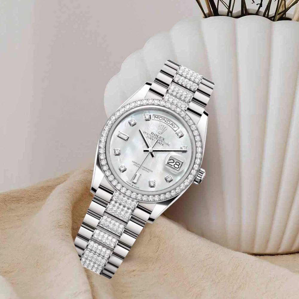 Rolex Day Date 36mm - Ref: 128349rbr-0014 - White Mother of Pearl Diamond Dial & Diamond Bezel, 18K White Gold & Diamonds President Bracelet Watch