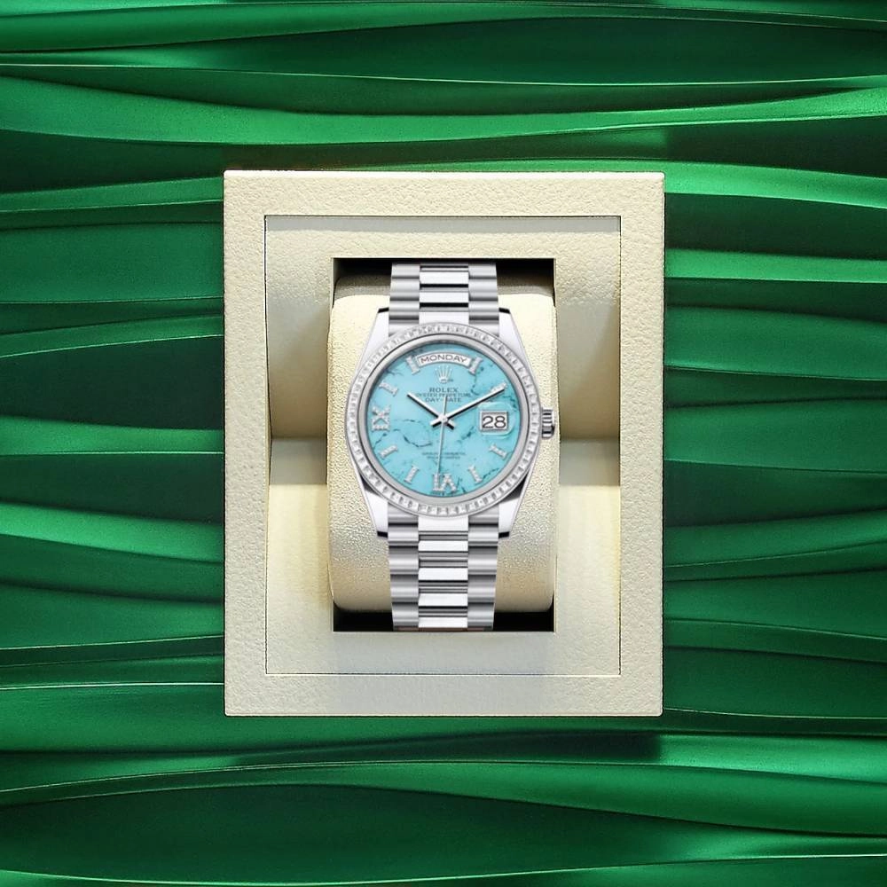 Rolex Day Date 36mm - Ref: 128396TBR - Tiffany Blue Turquoise Diamond Dial & Diamond Bezel, 18K White Gold President Bracelet Watch