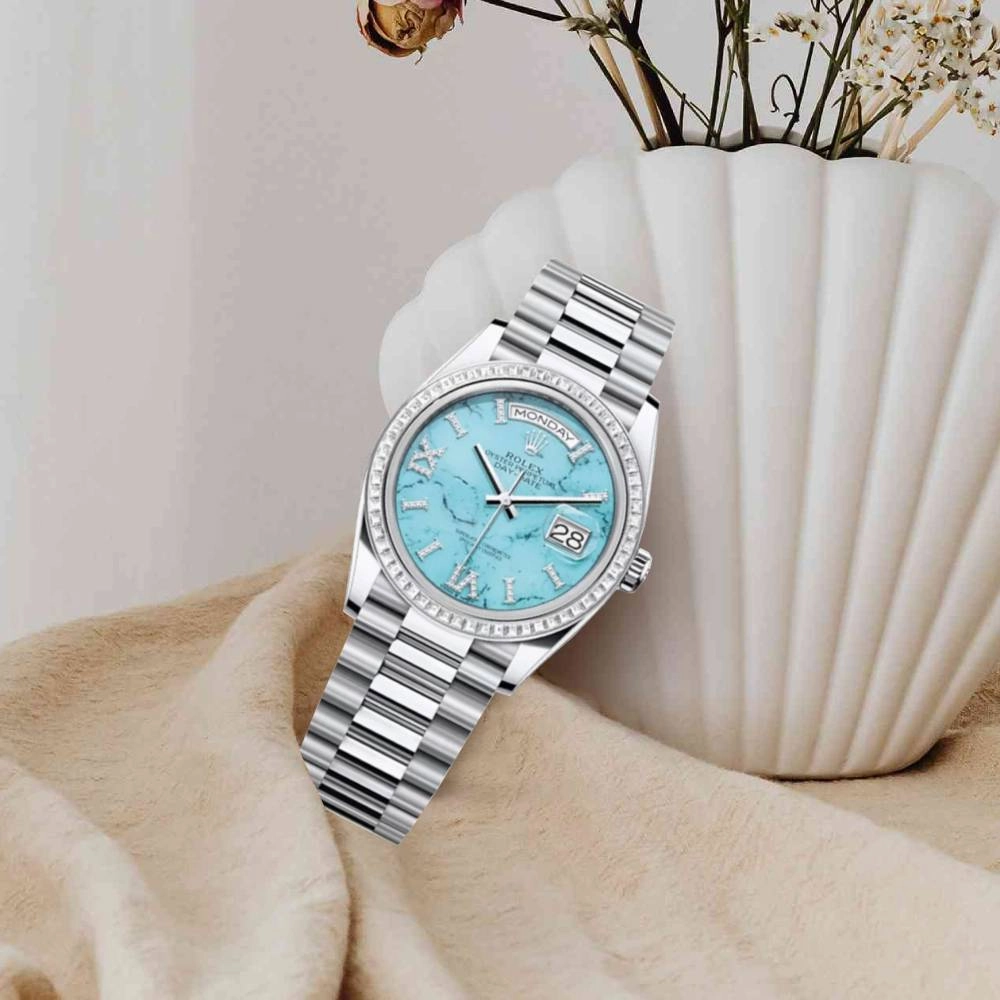 Rolex Day Date 36mm - Ref: 128396TBR - Tiffany Blue Turquoise Diamond Dial & Diamond Bezel, 18K White Gold President Bracelet Watch