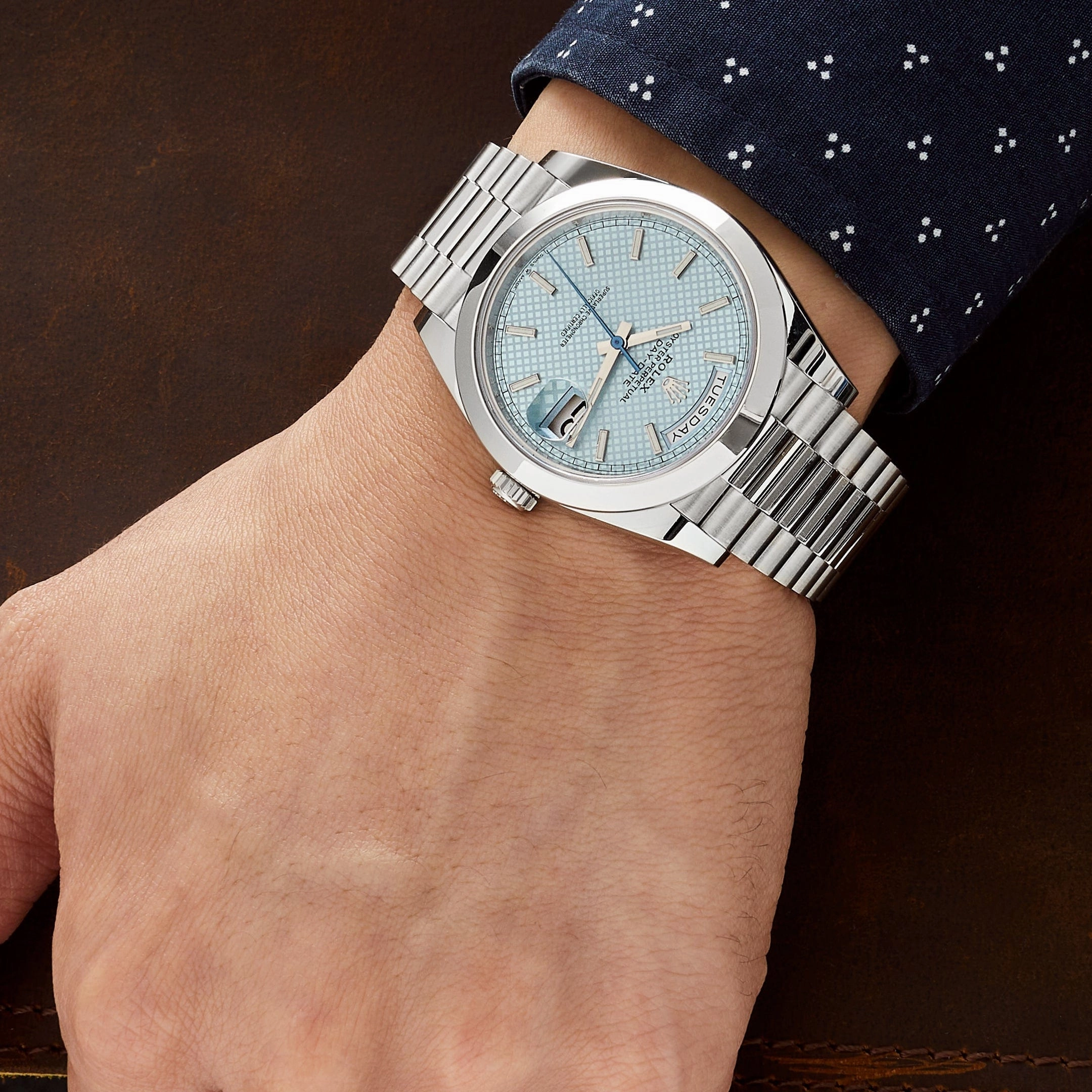 Rolex Day-Date 40 228206 Platinum Ice Blue Diagonal Motif Dial (2022)