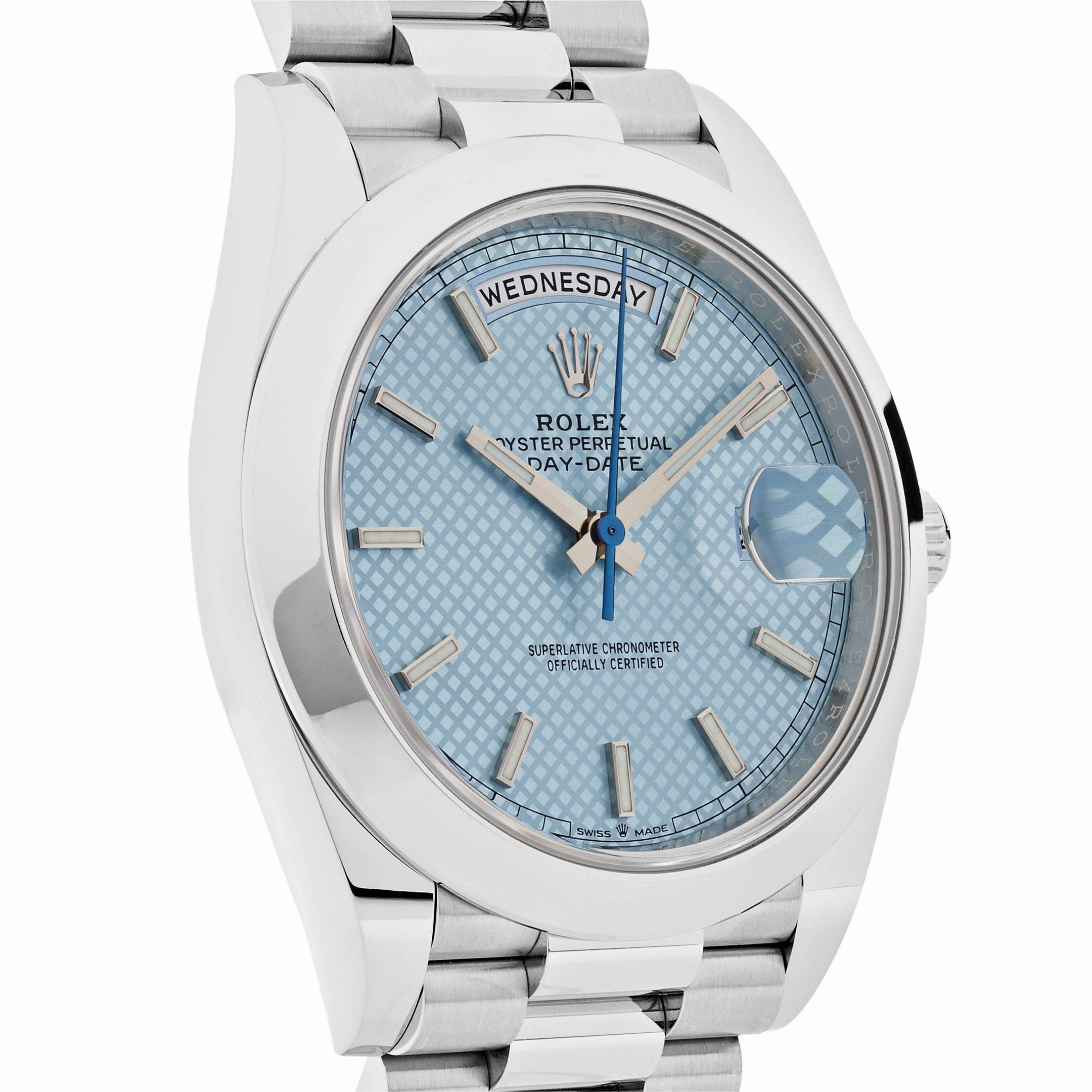 Rolex Day-Date 40 228206 Platinum Ice Blue Diagonal Motif Dial (2022)