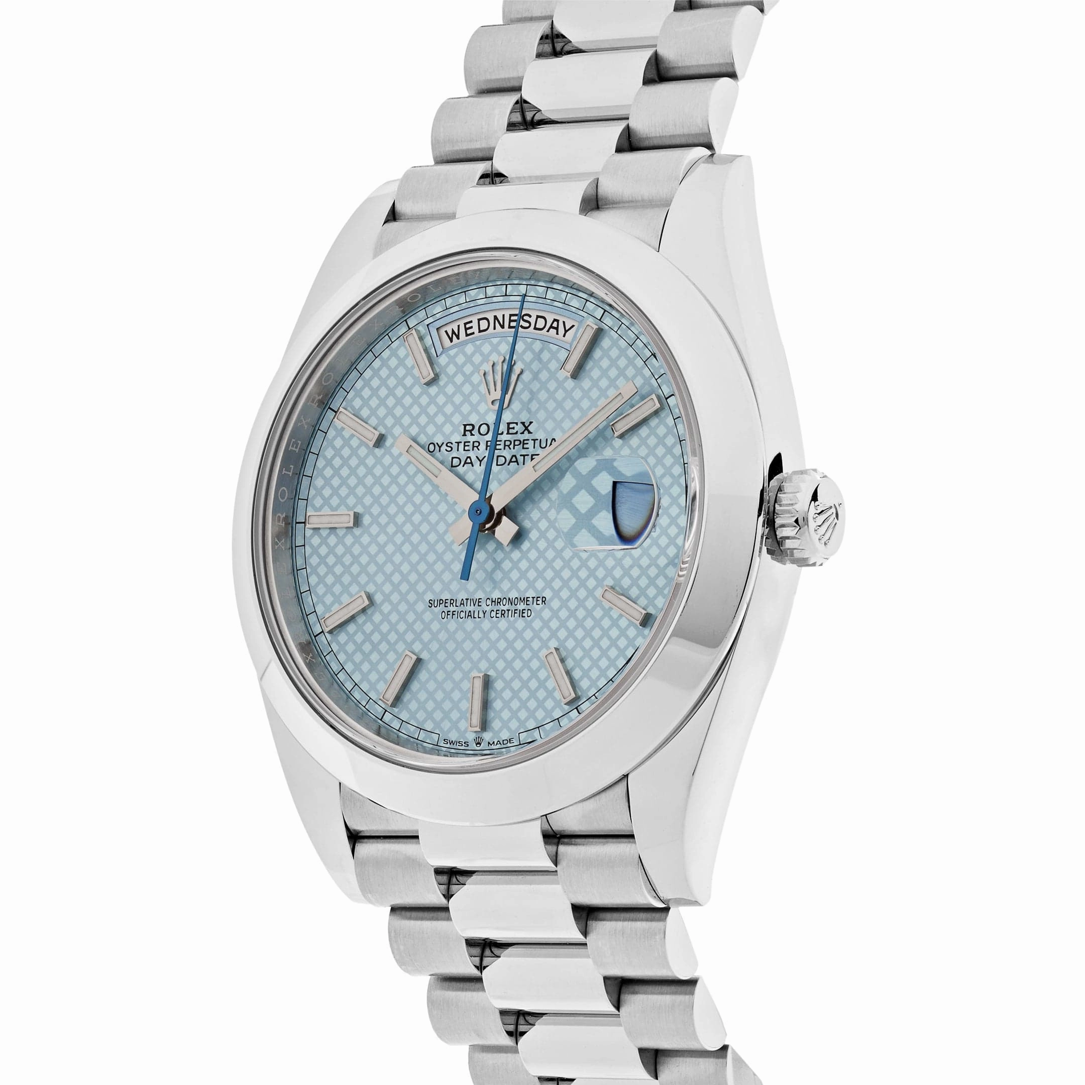 Rolex Day-Date 40 228206 Platinum Ice Blue Diagonal Motif Dial (2022)
