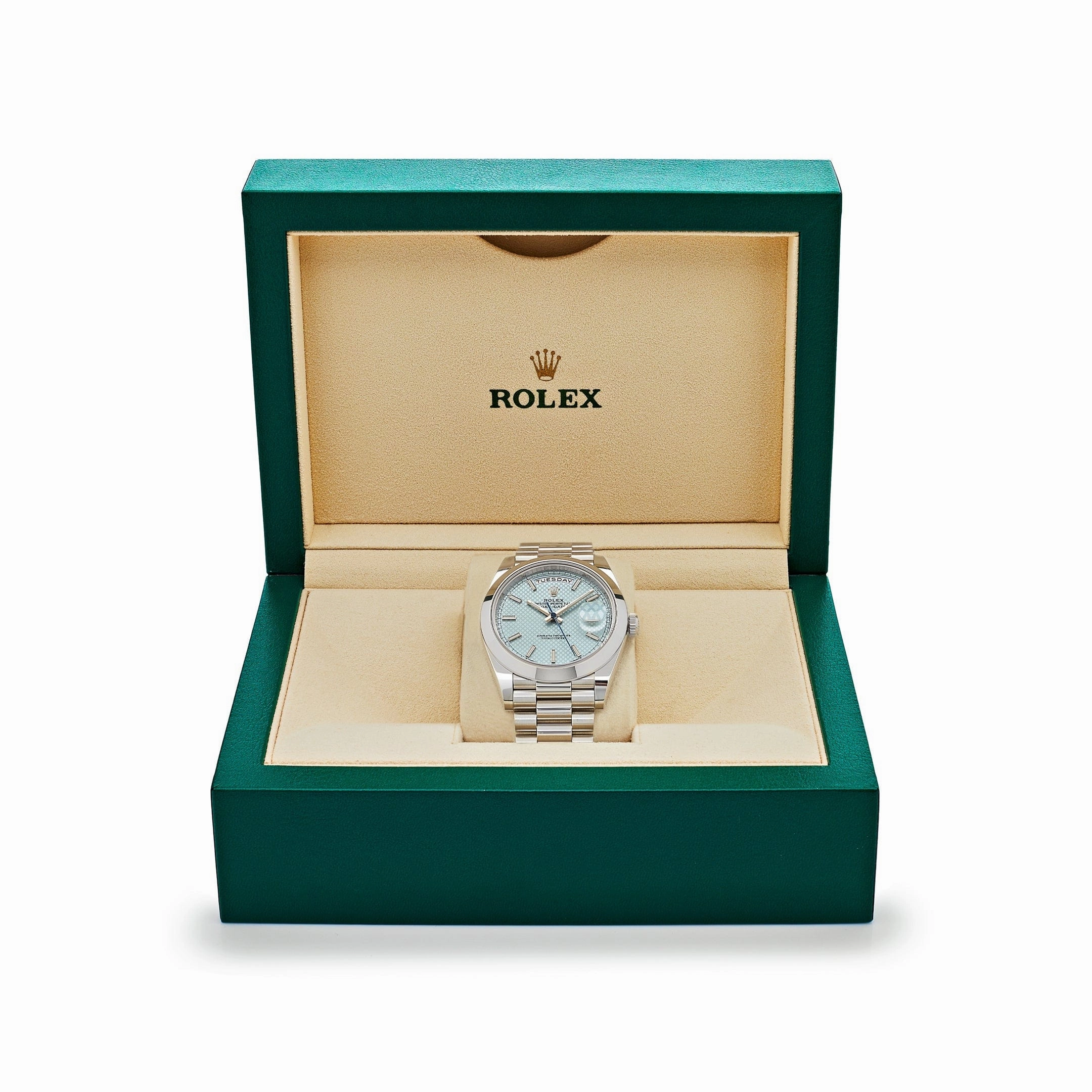 Rolex Day-Date 40 228206 Platinum Ice Blue Diagonal Motif Dial (2022)