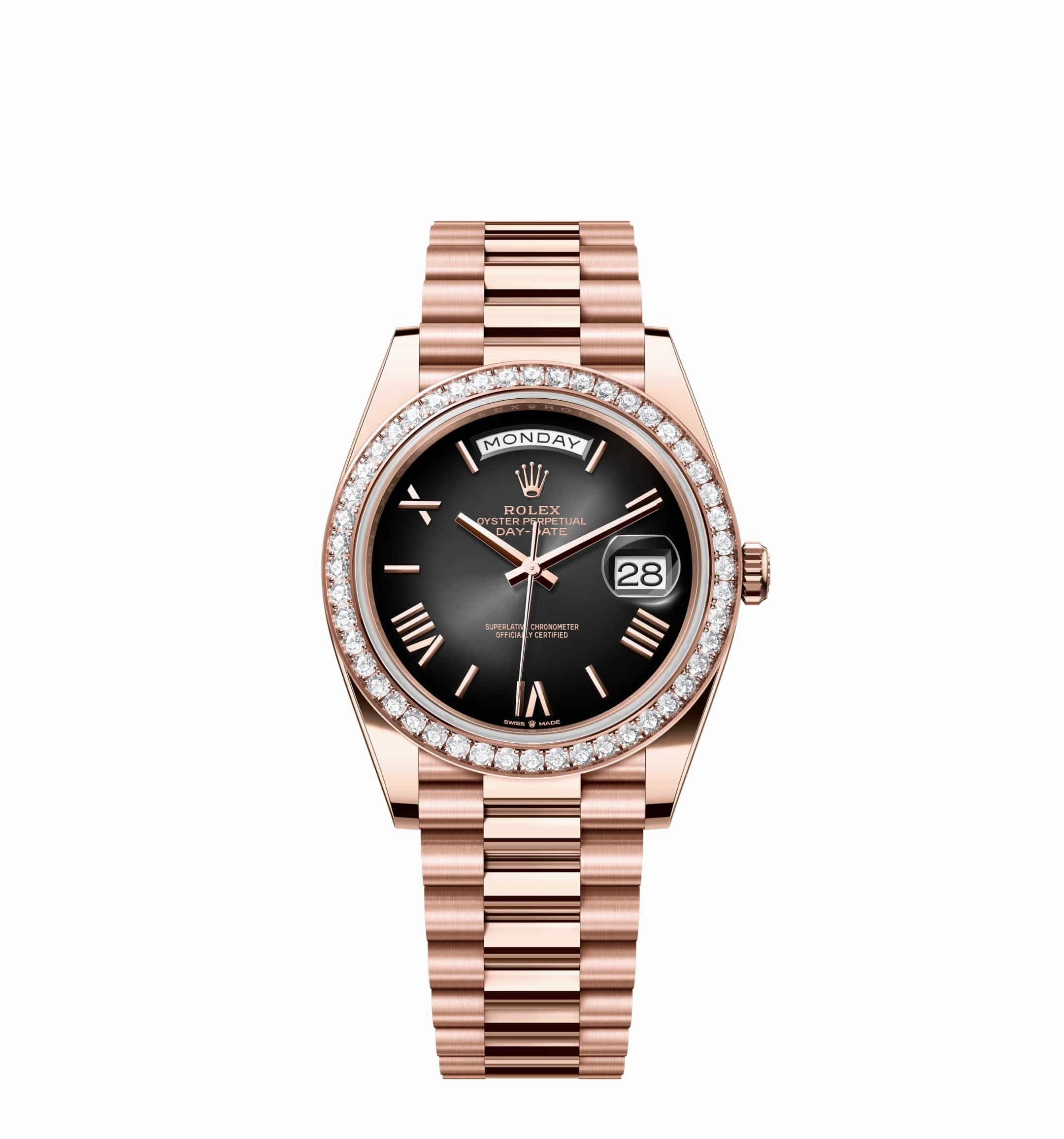 Rolex Day-Date 40 228235 Rose Gold Black Dial Diamond Bezel