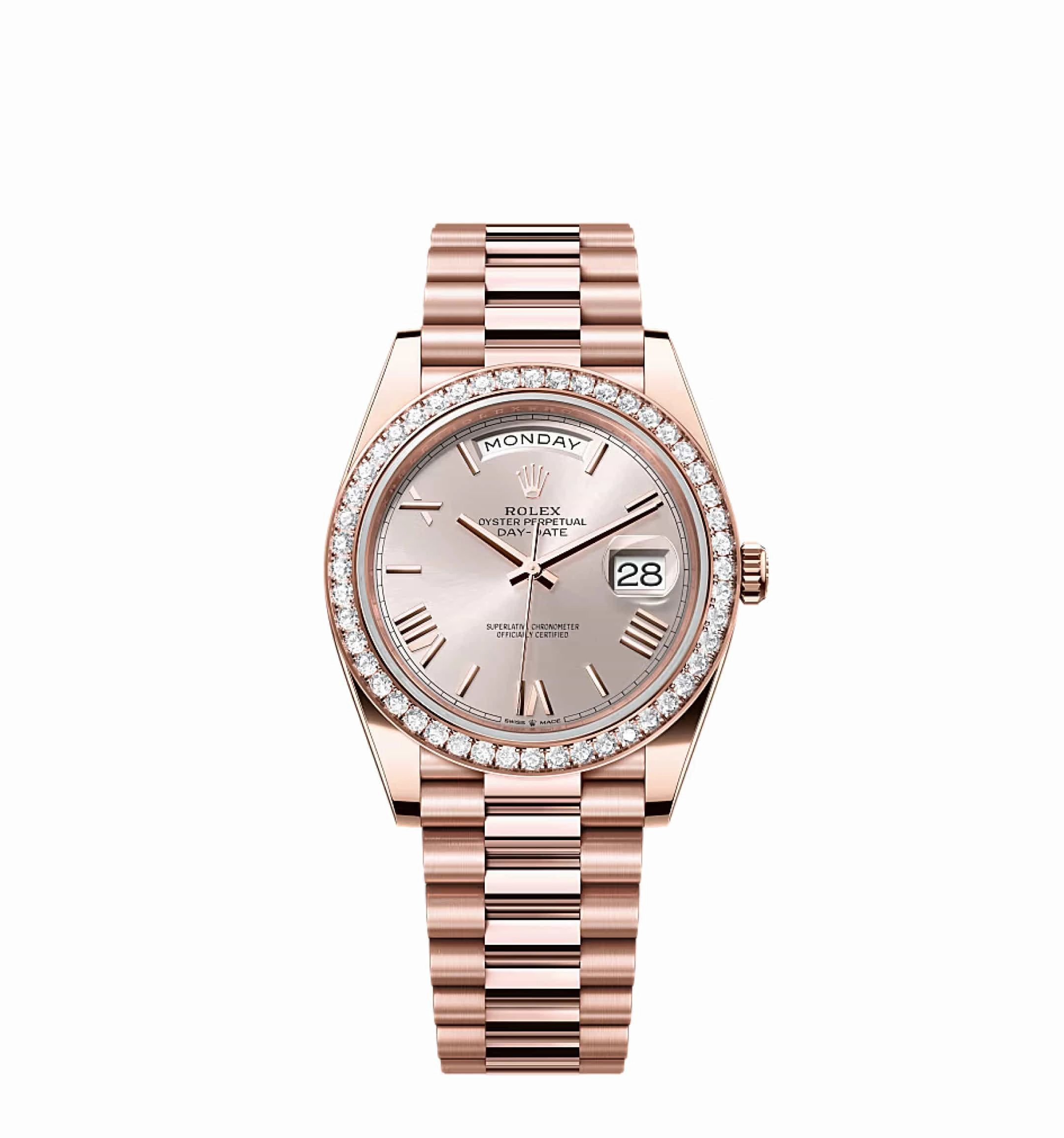 Rolex Day-Date 40 228235 Rose Gold Sundust Roman Dial Diamond Bezel