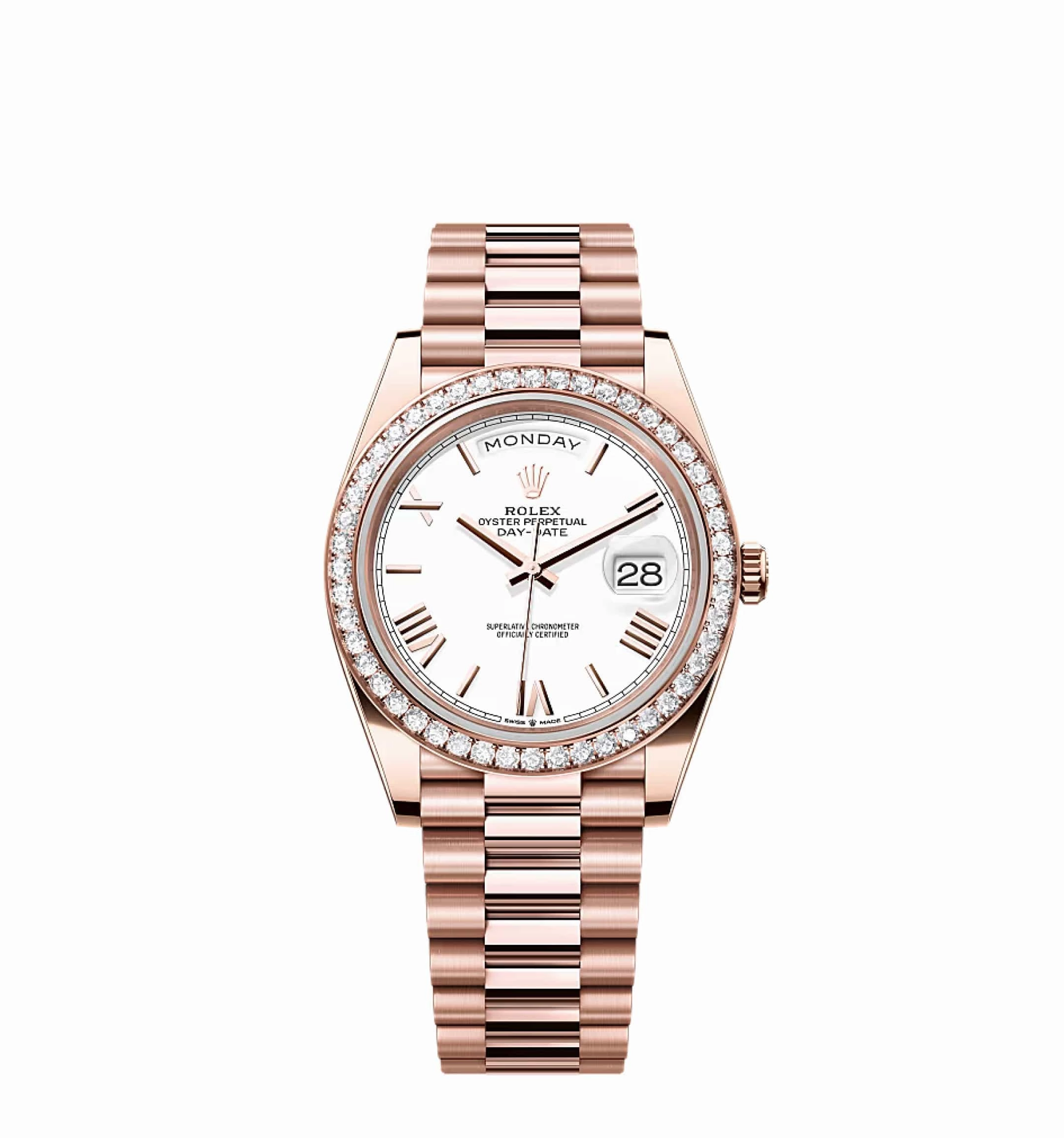 Rolex Day-Date 40 228235 Rose Gold White Roman Dial Diamond Bezel