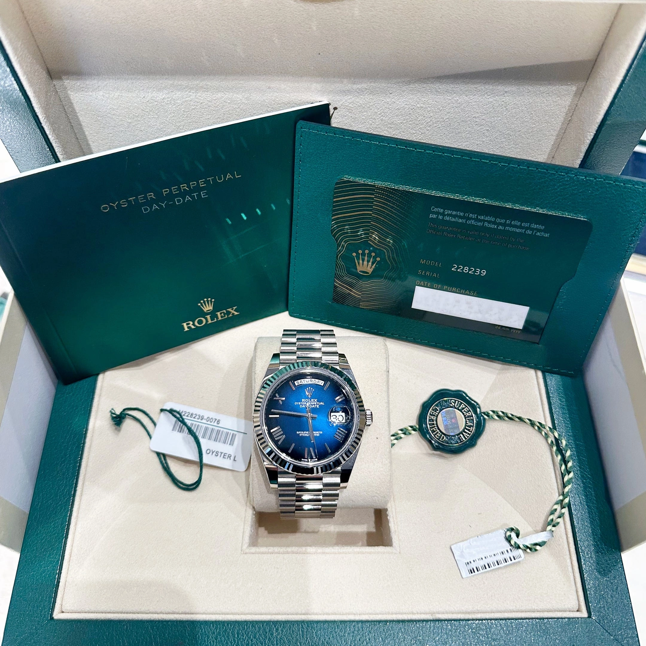 Rolex Day-Date 40 228239 White Gold Blue Ombre Roman Numeral Dial (2024)