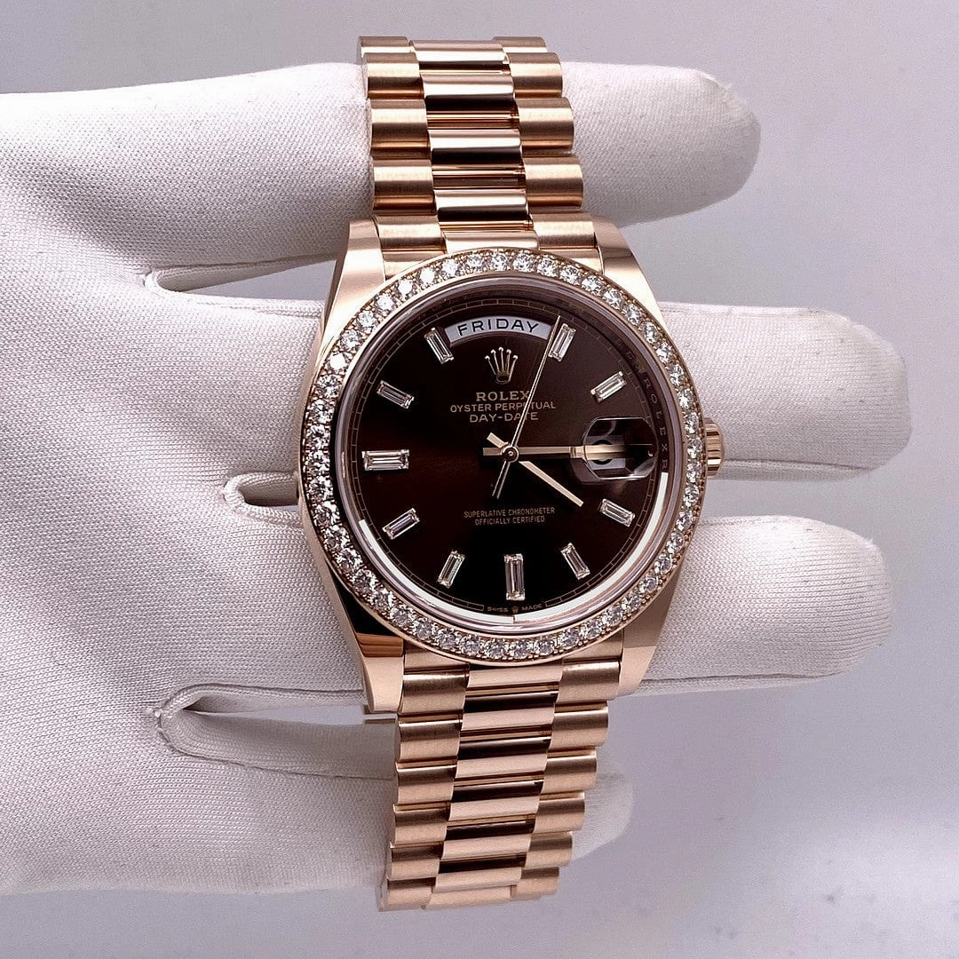 Rolex Day-Date 40 228345RBR Rose Gold Diamond Bezel Chocolate Dial