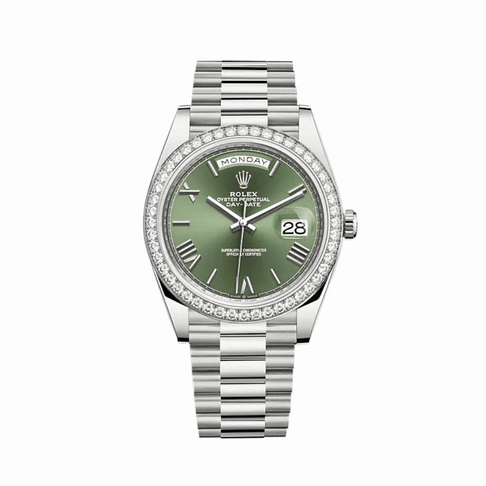 Rolex Day-Date 40 228349RBR White Gold Diamond Bezel Olive Green Dial