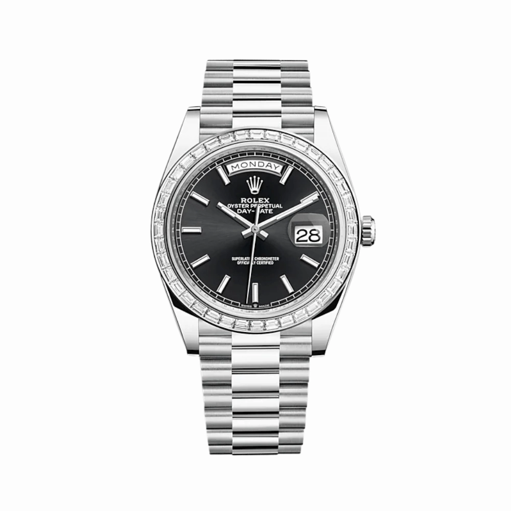 Rolex Day-Date 40 228396TBR Platinum Diamond Bezel Black Dial