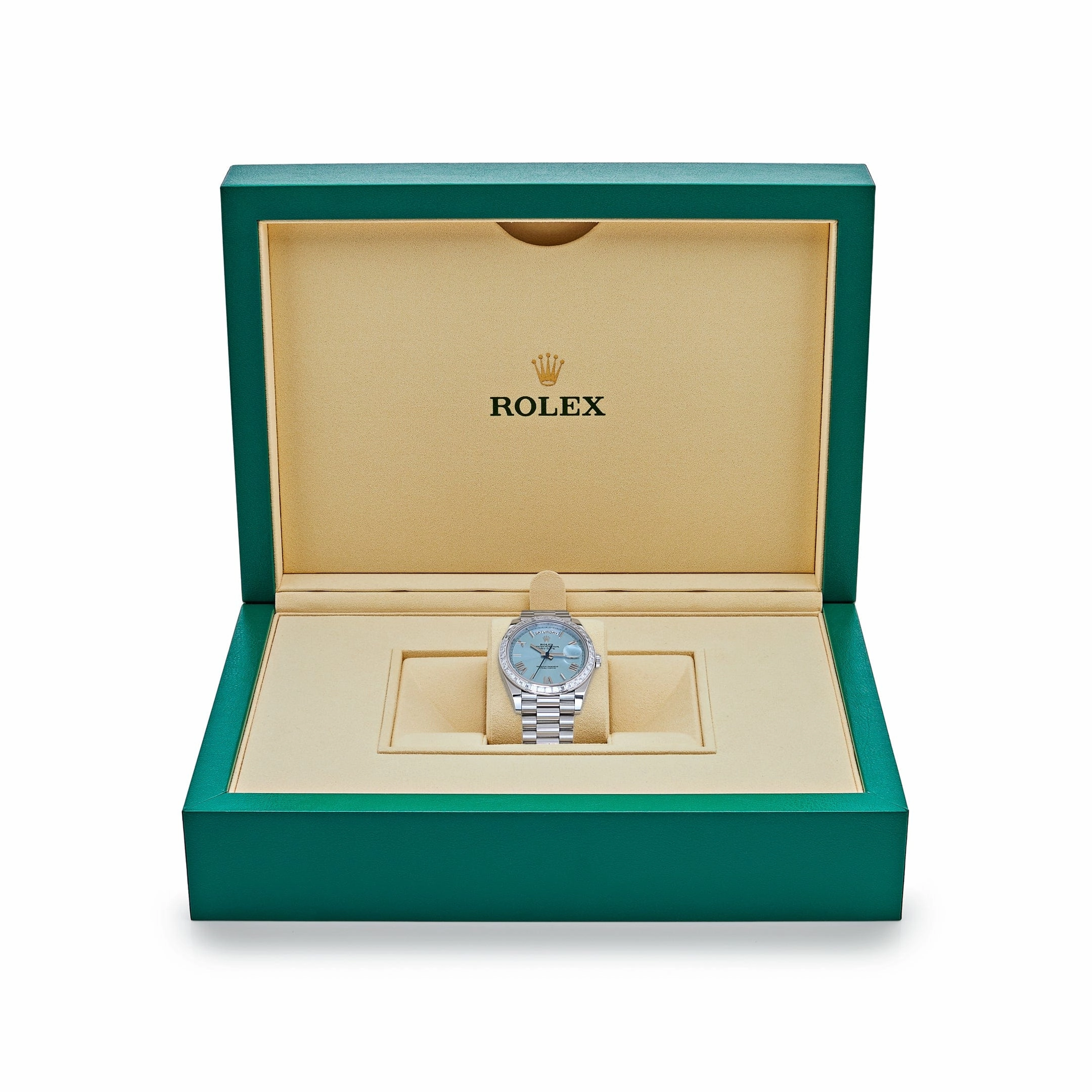 Rolex Day-Date 40 228396TBR Platinum Ice Blue Roman Dial Diamond Bezel