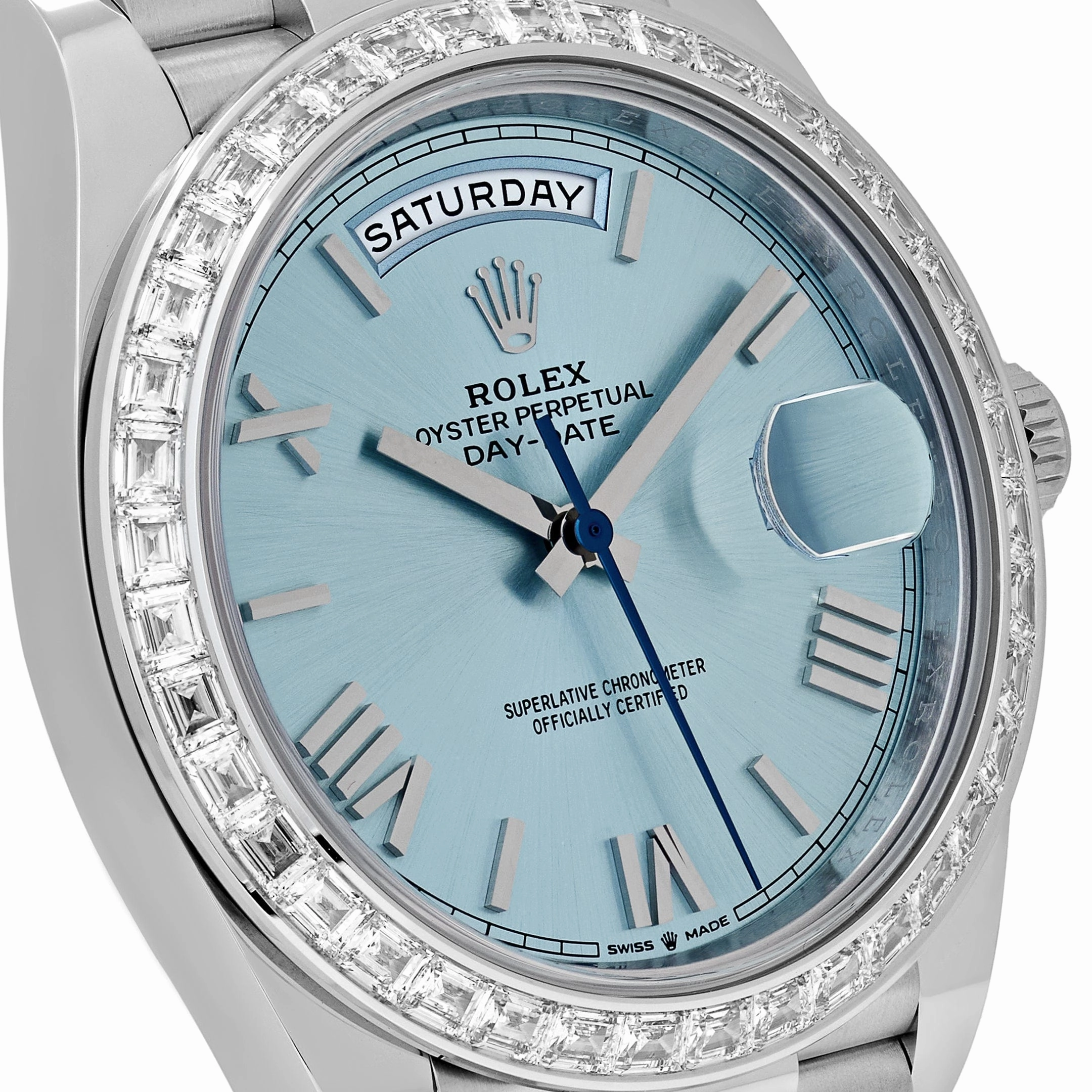 Rolex Day-Date 40 228396TBR Platinum Ice Blue Roman Dial Diamond Bezel