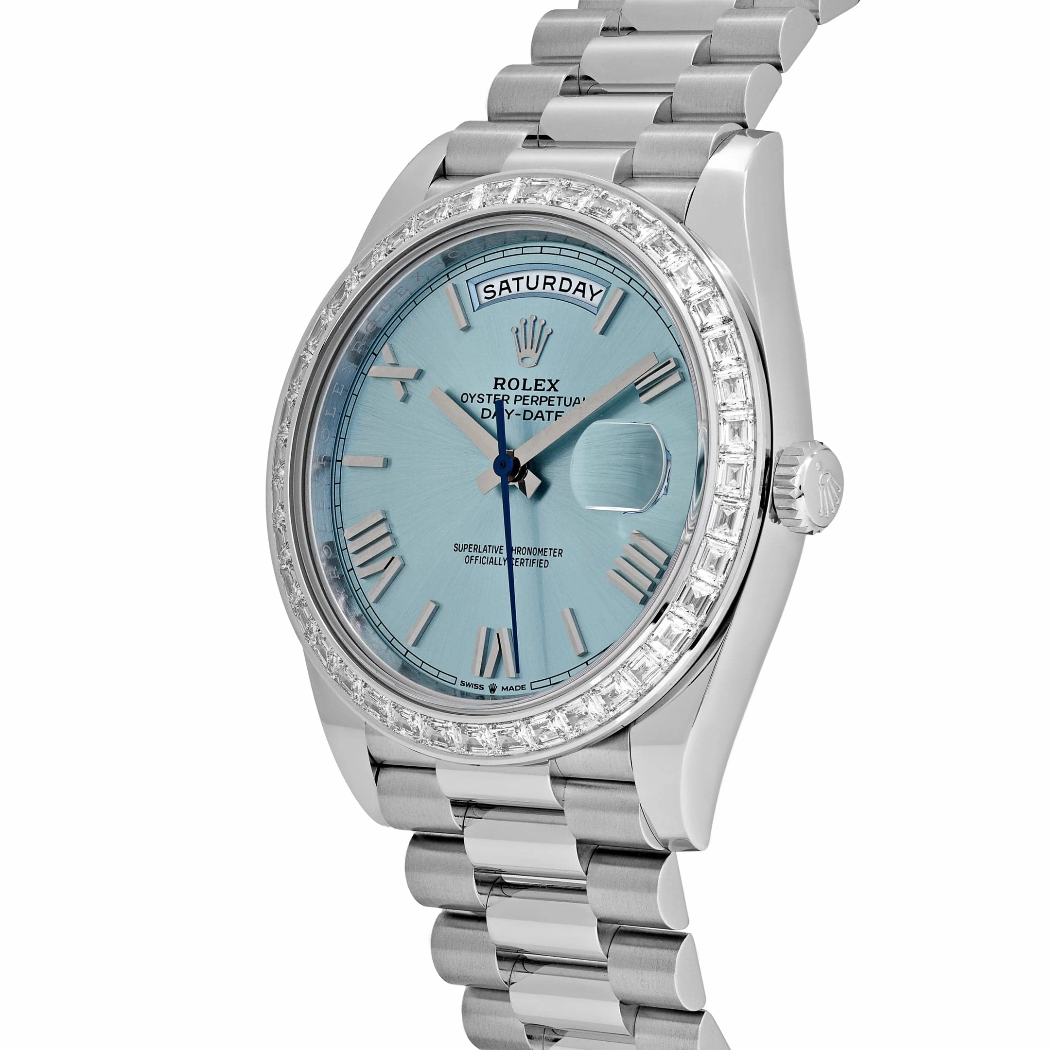 Rolex Day-Date 40 228396TBR Platinum Ice Blue Roman Dial Diamond Bezel