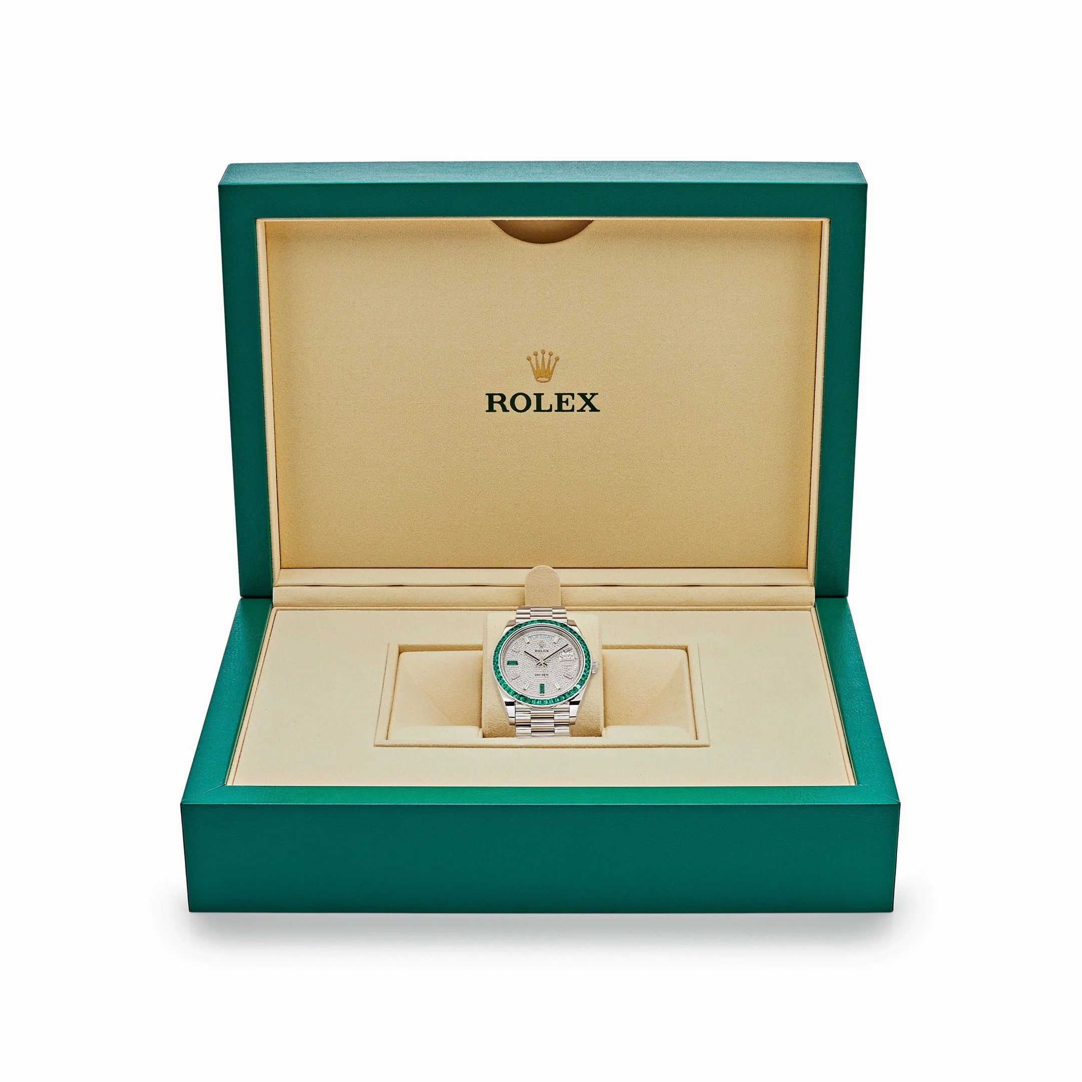 Rolex Day-Date 40 228396TEM Platinum Diamond Dial Emerald Bezel