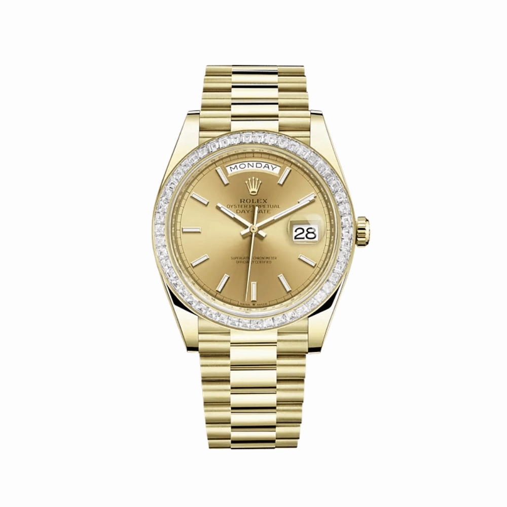 Rolex Day-Date 40 228398TBR Yellow Gold Diamond-Paved Bezel Champagne Dial