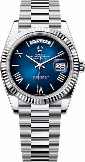 Rolex Day-Date 40 40mm Blue Ombr Roman Dial Fluted Bezel President Bracelet - 228236 | 2024 Model
