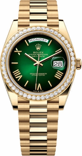 Rolex Day-Date 40 40mm Green Ombr Dial Diamond Set Bezel President Bracelet - 228348RBR | 2024 Model