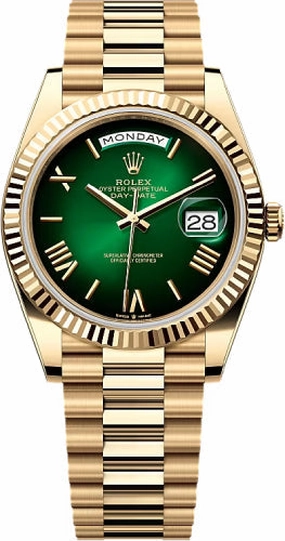 Rolex Day-Date 40 40mm Green Ombr Roman Dial Fluted Bezel President Bracelet - 228238 | 2024 Model