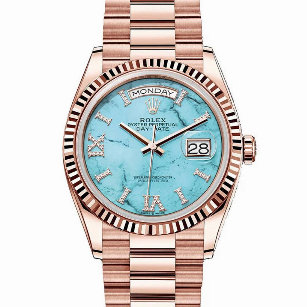 Rolex Day Date 40mm - Ref: 128235 - Tiffany Blue Turqouise Roman Dial & Fluted Bezel, 18K Rose Gold President Bracelet Men's Watch