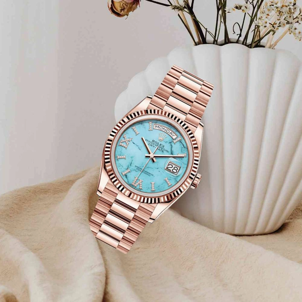 Rolex Day Date 40mm - Ref: 128235 - Tiffany Blue Turqouise Roman Dial & Fluted Bezel, 18K Rose Gold President Bracelet Men's Watch