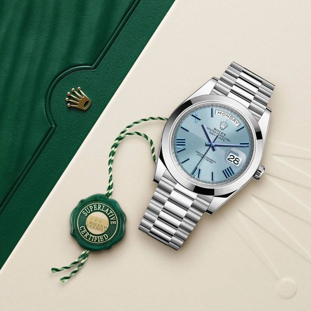 Rolex Day Date 40mm - Ref: 228206-0001 - Ice Blue Quadrant Motif Roman Dial, Platinum President Bracelet Men's Watch