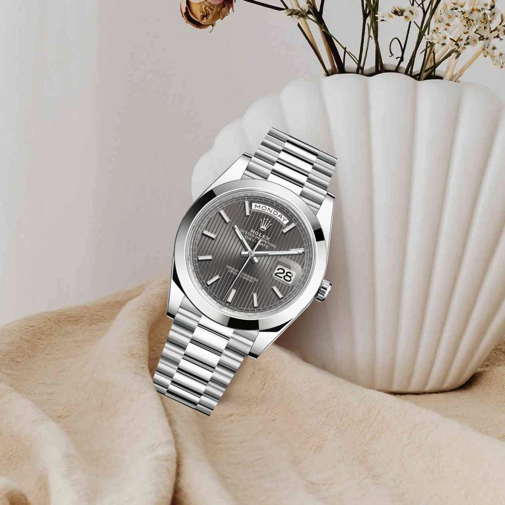 Rolex Day Date 40mm - Ref: 228206-0011 - Dark Rhodium Stripe Motif Stick Dial, Platinum President Bracelet Men's Watch