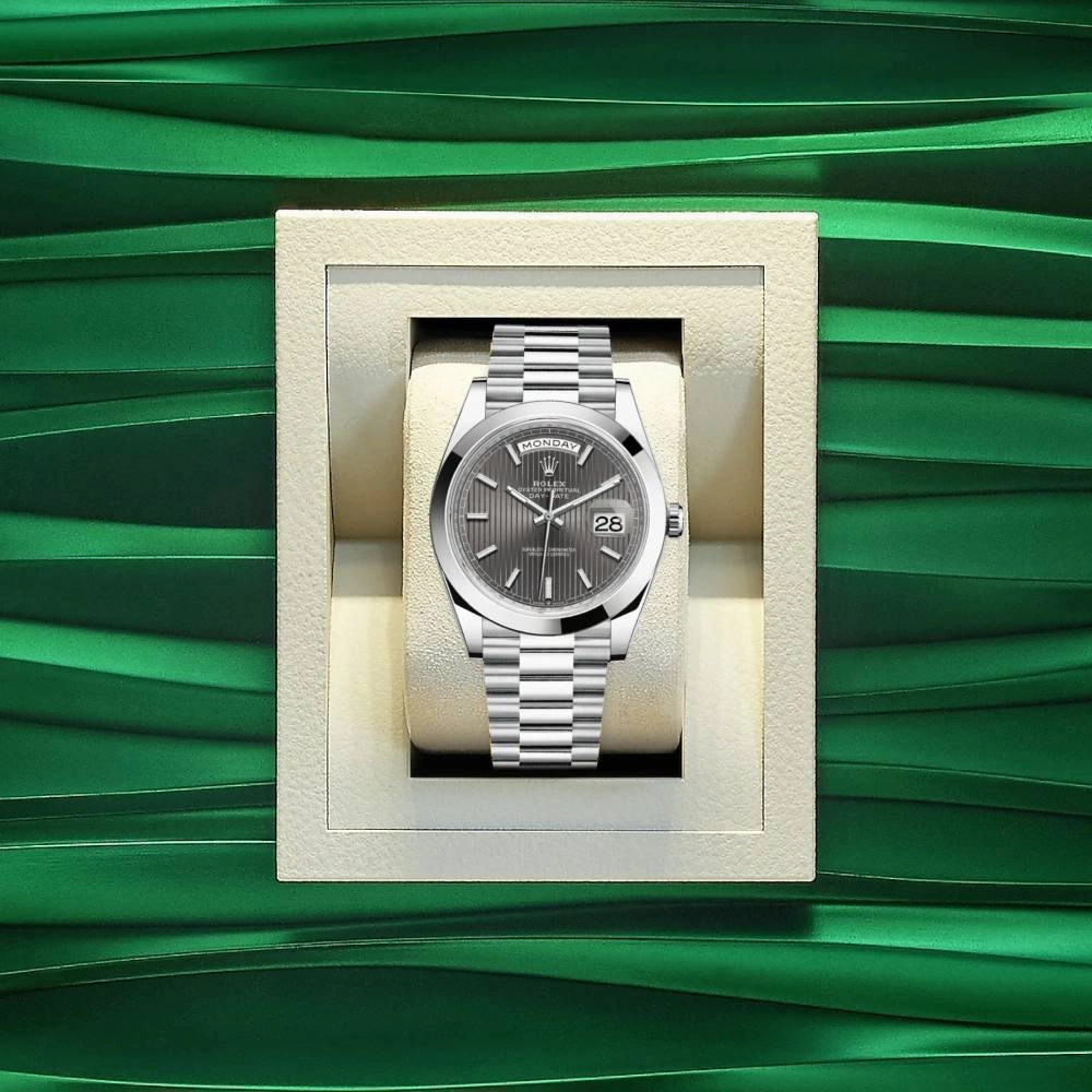 Rolex Day Date 40mm - Ref: 228206-0011 - Dark Rhodium Stripe Motif Stick Dial, Platinum President Bracelet Men's Watch