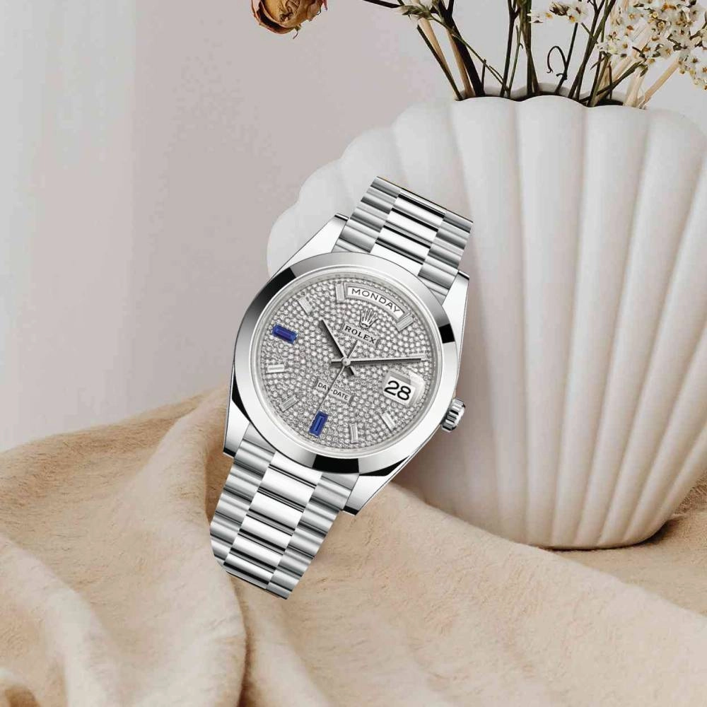 Rolex Day Date 40mm - Ref: 228206-0029 - Pave Diamond / Sapphire Dial, Platinum President Bracelet Men's Watch
