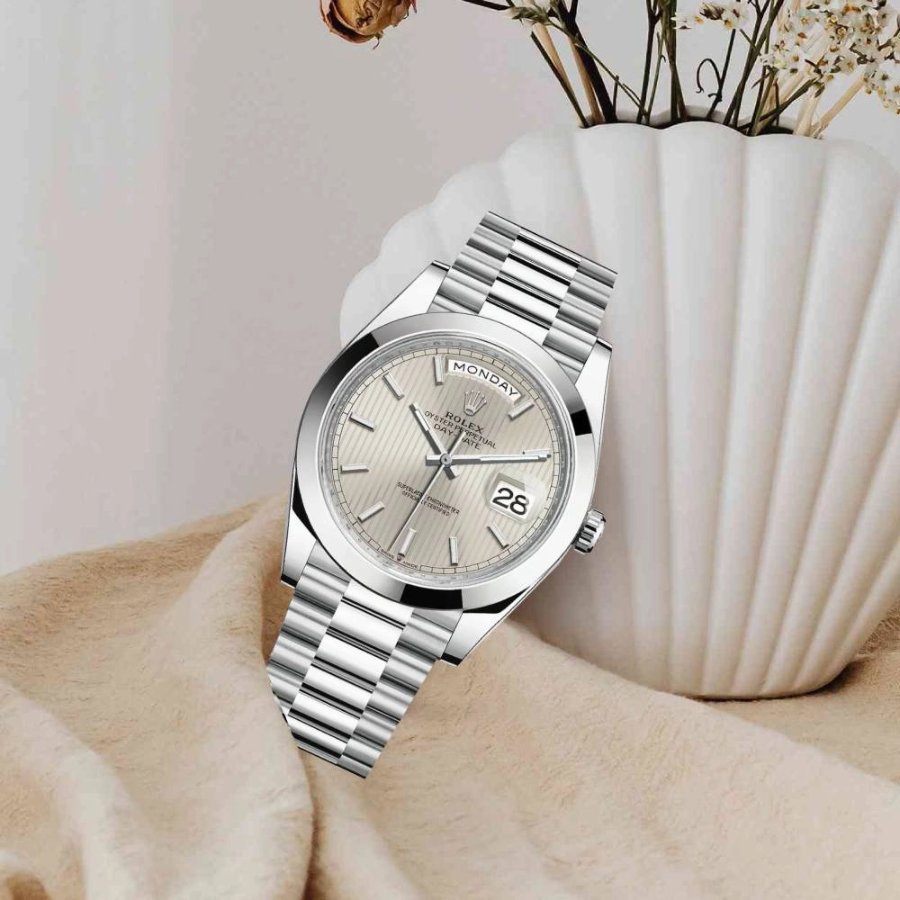 Rolex Day Date 40mm - Ref: 228206-0034 - Silver Stripe Motif Stick Dial, Platinum President Bracelet Men's Watch