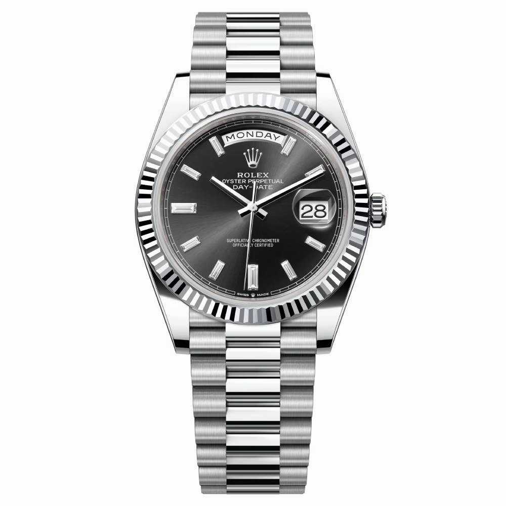 Rolex Day Date 40mm - Ref: 228236-0004 -  Black Diamond Dial & Fluted Bezel, Platinum President Bracelet Men's Watch