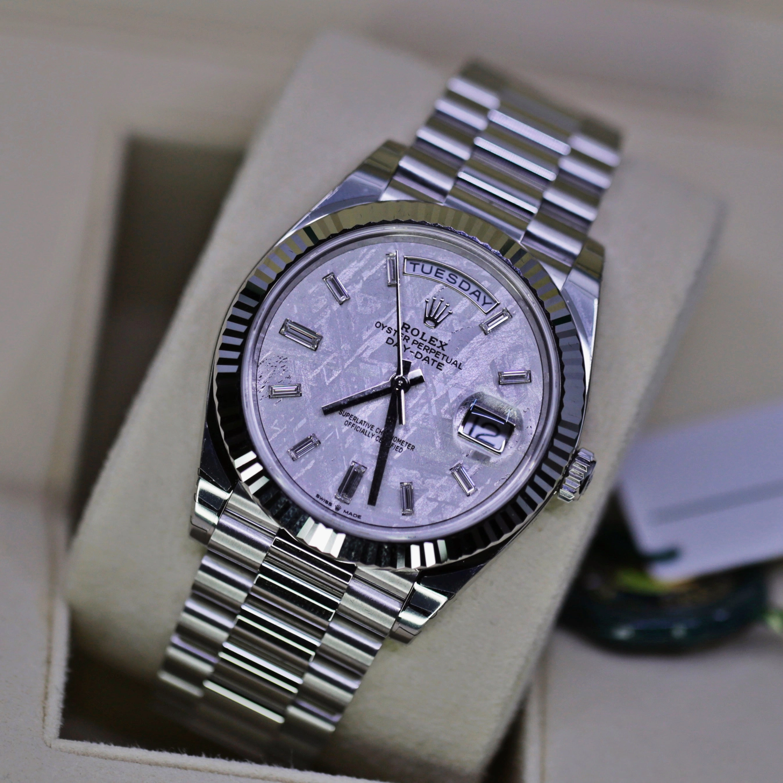 Rolex Day Date 40mm - Ref: 228236-0011 - Meteorite Diamond Dial & Fluted Bezel, Platinum President Bracelet Men's Watch