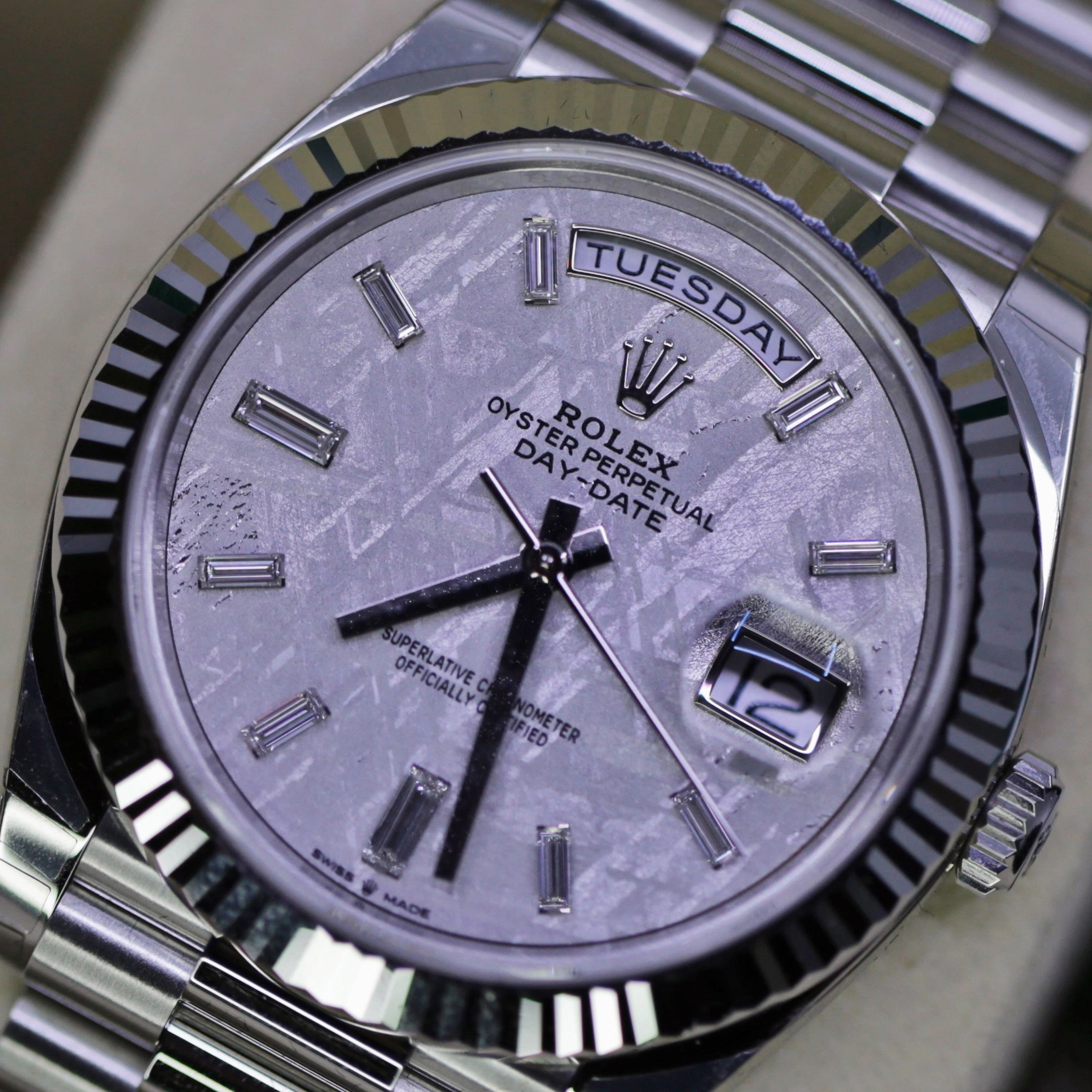 Rolex Day Date 40mm - Ref: 228236-0011 - Meteorite Diamond Dial & Fluted Bezel, Platinum President Bracelet Men's Watch