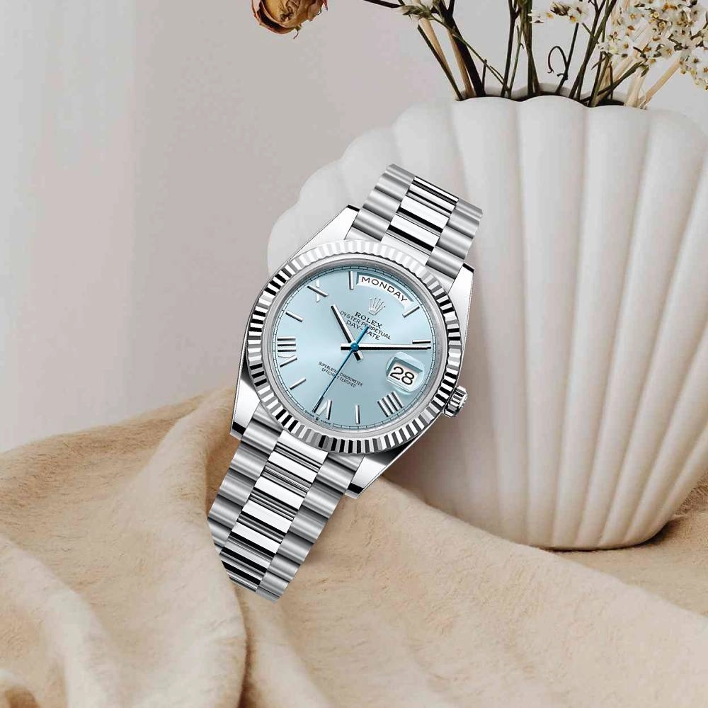 Rolex Day Date 40mm - Ref: 228236-0012 - Ice Blue Roman Dial & Fluted Bezel, Platinum President Bracelet Men's Watch