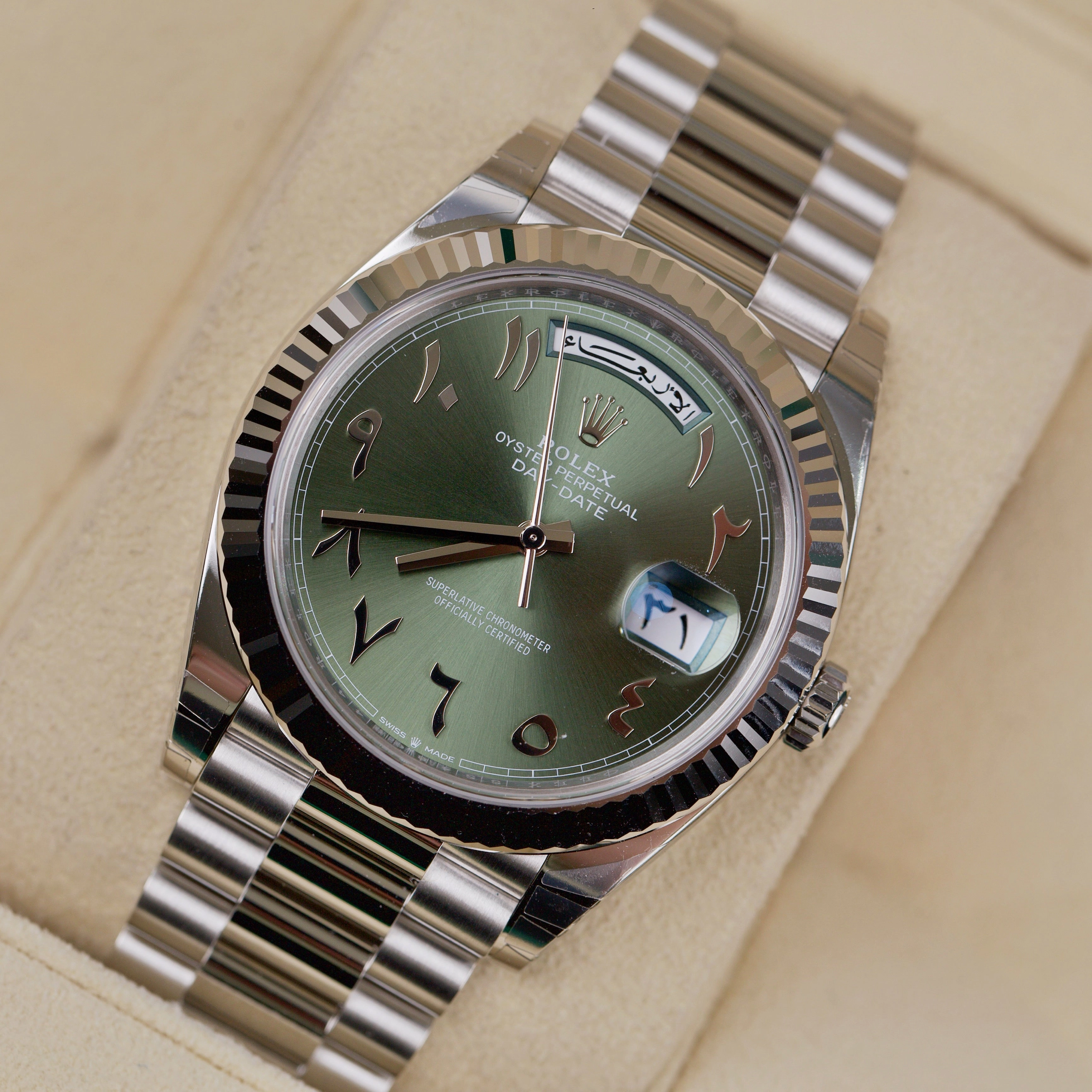 Rolex Day Date 40mm - Ref: 228236 ogap - Olive Green Arabic Dial & Fluted Bezel, Platinum President Bracelet Men's Watch