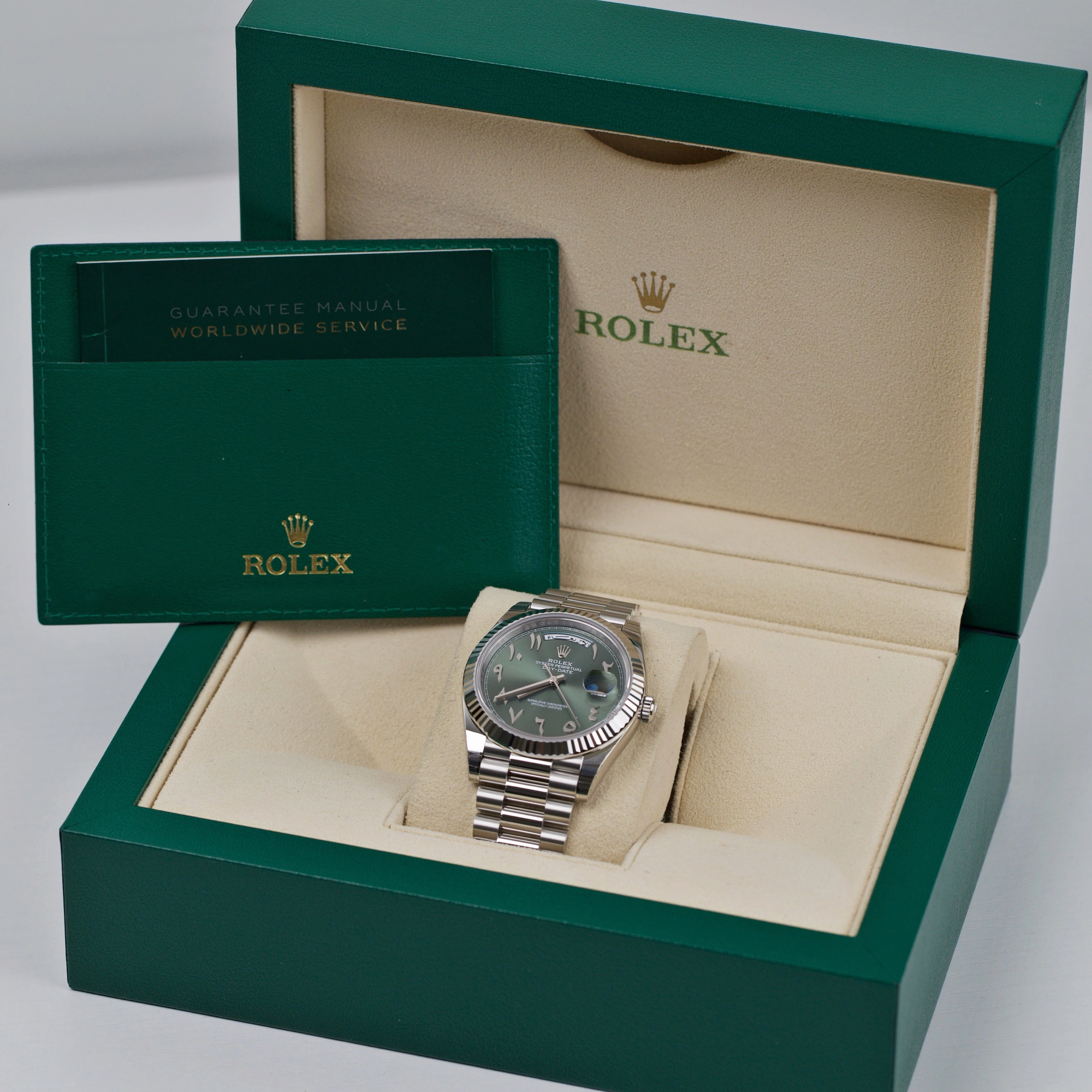Rolex Day Date 40mm - Ref: 228236 ogap - Olive Green Arabic Dial & Fluted Bezel, Platinum President Bracelet Men's Watch