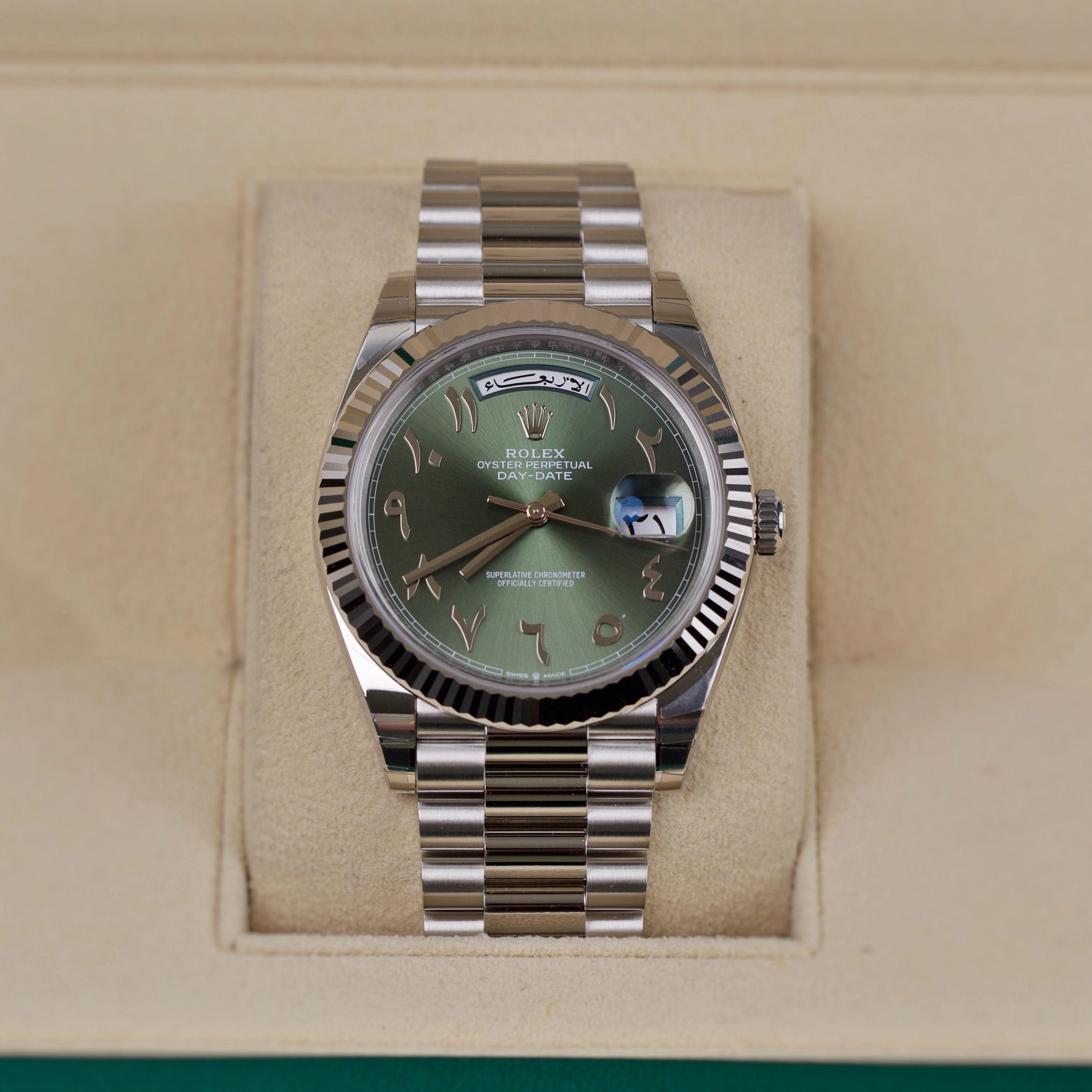 Rolex Day Date 40mm - Ref: 228236 ogap - Olive Green Arabic Dial & Fluted Bezel, Platinum President Bracelet Men's Watch