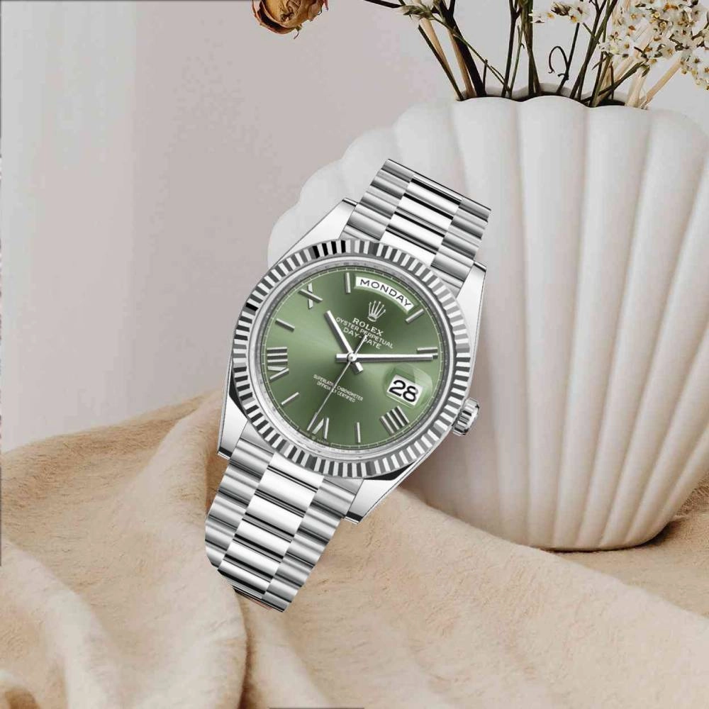 Rolex Day Date 40mm - Ref: 228236 ogrp - Olive Green Roman Dial & Fluted Bezel, Platinum President Bracelet Men's Watch
