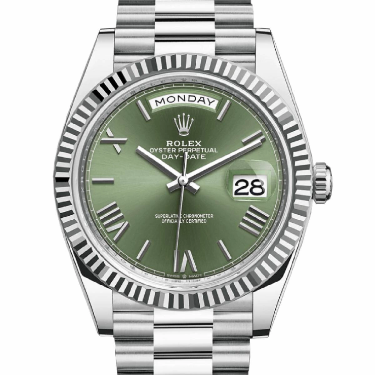 Rolex Day Date 40mm - Ref: 228236 ogrp - Olive Green Roman Dial & Fluted Bezel, Platinum President Bracelet Men's Watch