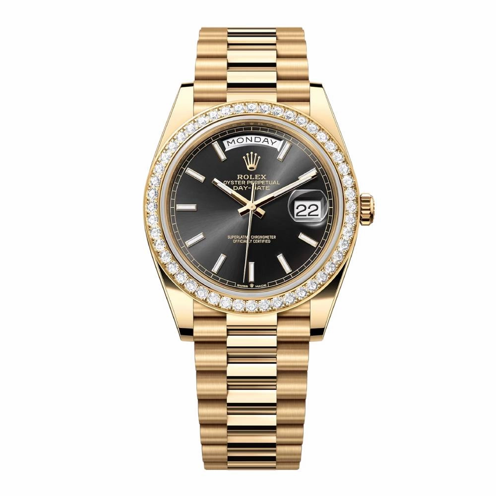 Rolex Day Date 40mm - Ref: 228348RBR - Black Stick Dial & Diamond Bezel, 18K Yellow Gold President Bracelet Men's Watch