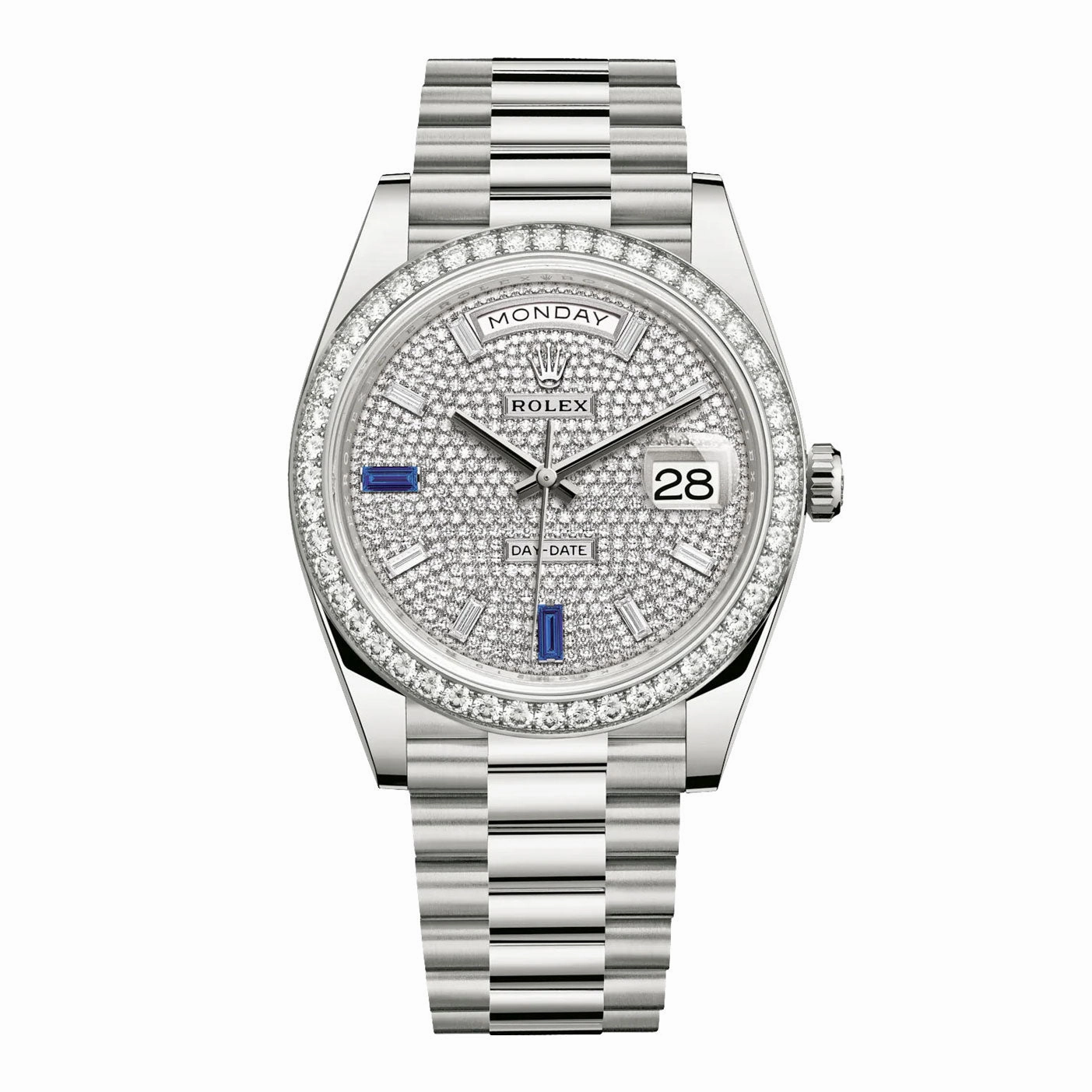 Rolex Day Date 40mm - Ref: 228349rbr-0036 - Pave Diamond / Sapphire Dial & Diamond Bezel, 18K White Gold President Bracelet Men's Watch
