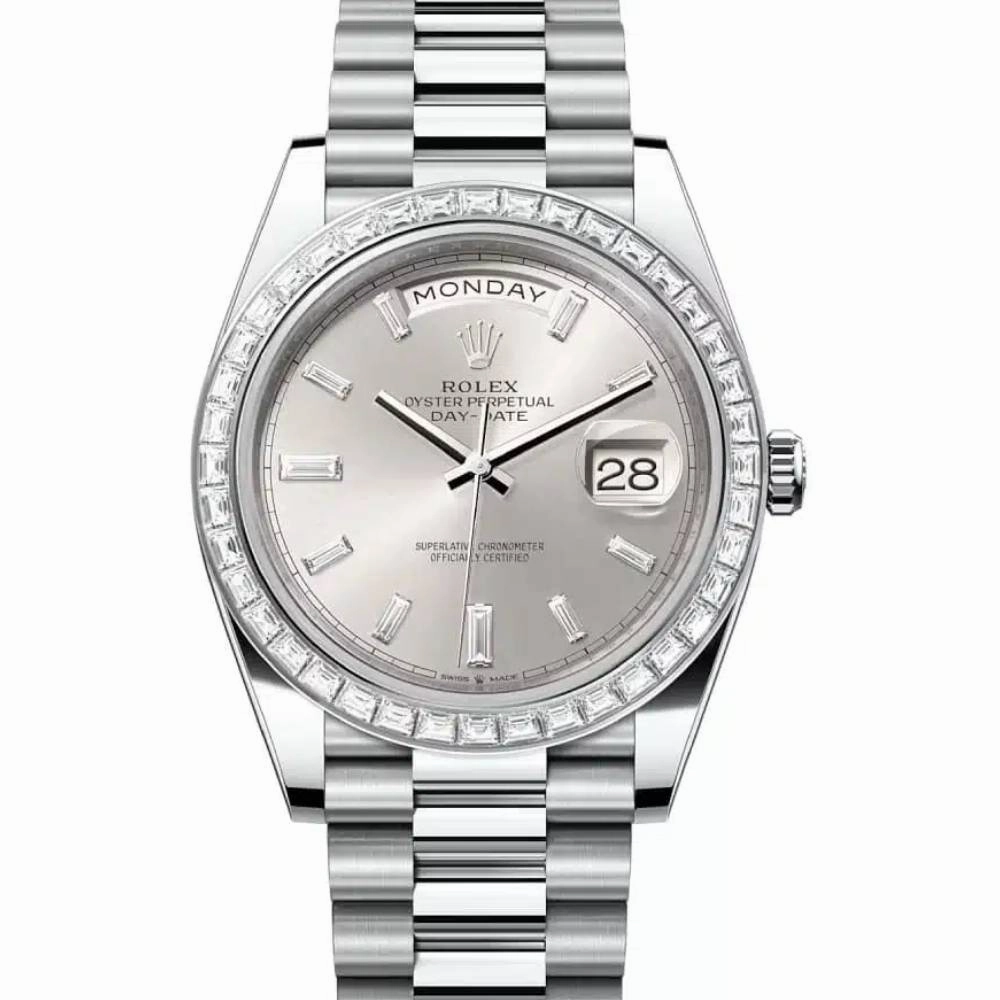 Rolex Day Date 40mm - Ref: 228396tbr-0011 - Silver Stick Dial & Diamond Bezel, Platinum President Bracelet Men's Watch