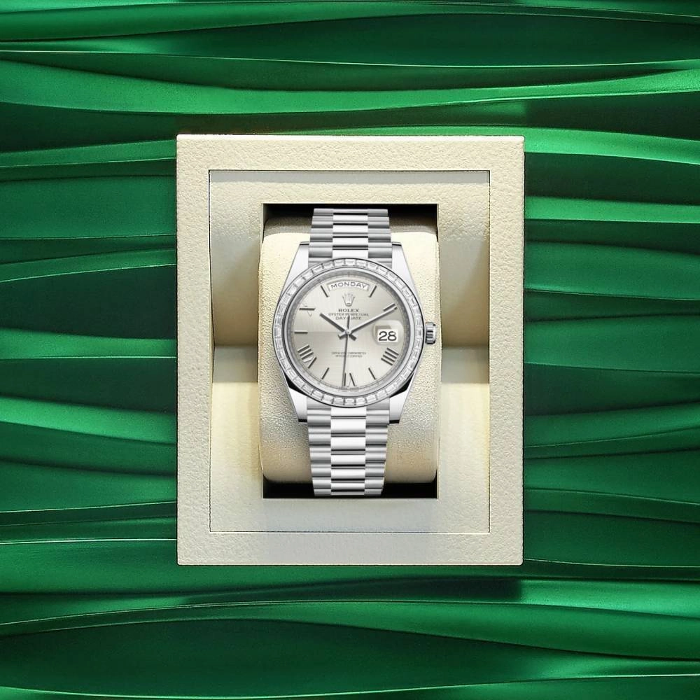 Rolex Day Date 40mm - Ref: 228396tbr-0025 - Silver Quadrant Motif Roman Dial & Diamond Bezel, Platinum President Bracelet Men's Watch
