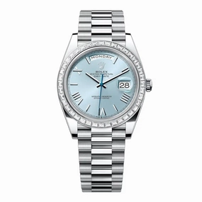 Rolex Day Date 40mm - Ref: 228396tbr-0030 - Ice Blue Roman Dial & Diamond Bezel, Platinum President Bracelet Men's Watch