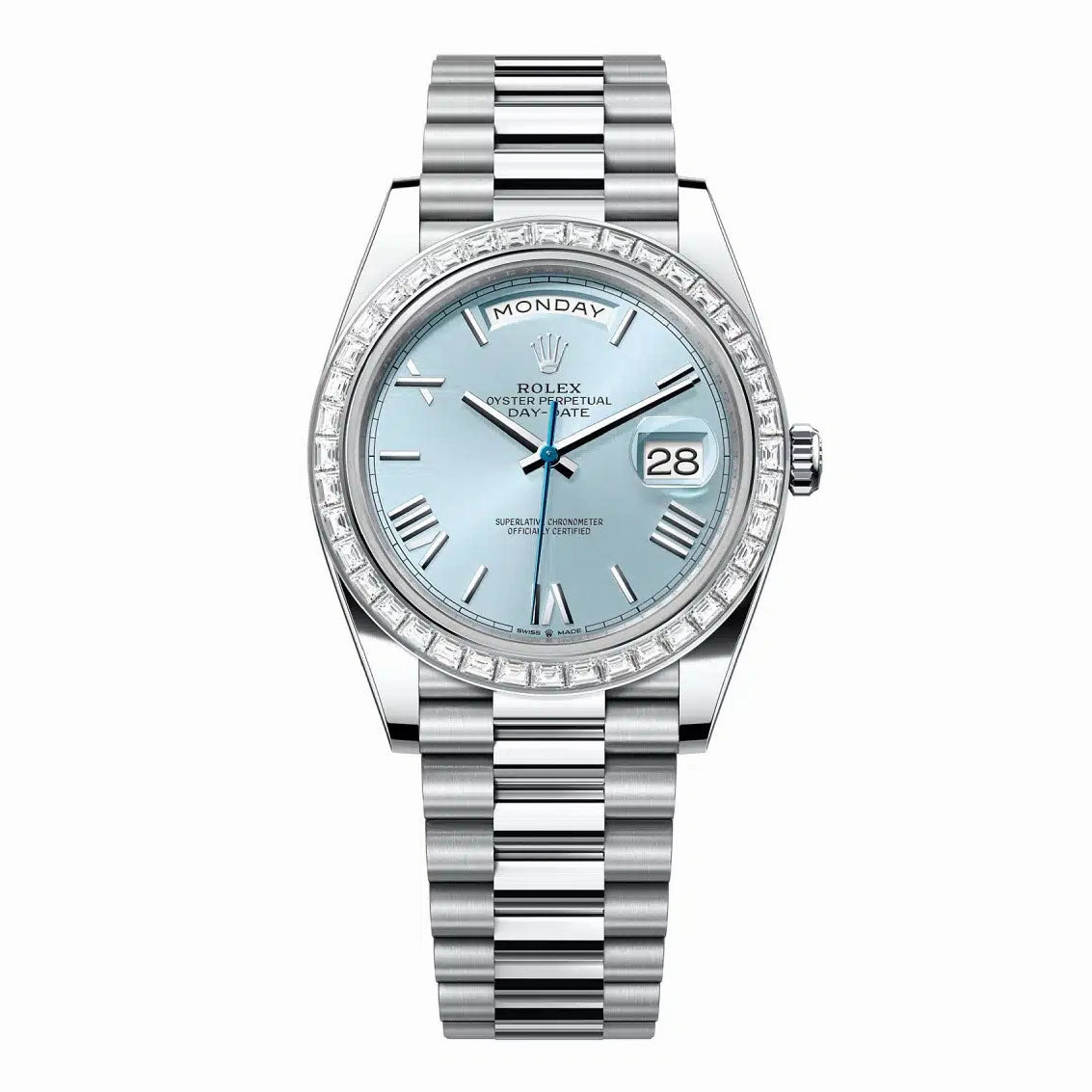 Rolex Day Date 40mm - Ref: 228396tbr-0030 - Ice Blue Roman Dial & Diamond Bezel, Platinum President Bracelet Men's Watch