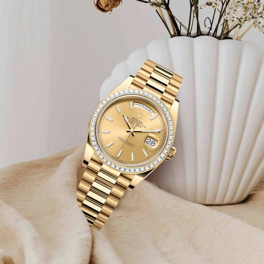 Rolex Day Date 40mm - Ref: 228398tbr-0007 - Champagne Stick Dial & Diamond Bezel, 18K Yellow Gold President Bracelet Men's Watch