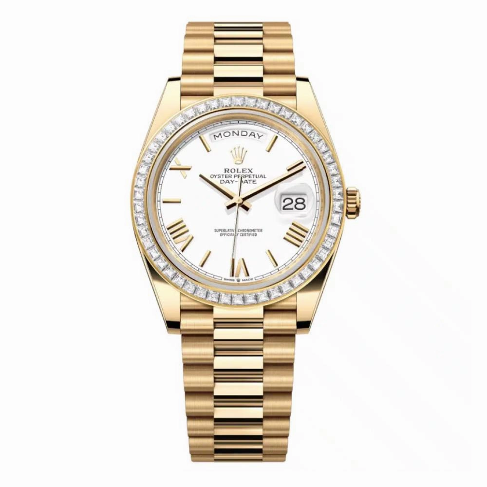 Rolex Day Date 40mm - Ref: 228398tbr-0033 - White Roman Dial & Diamond Bezel, 18K Yellow Gold President Bracelet Men's Watch