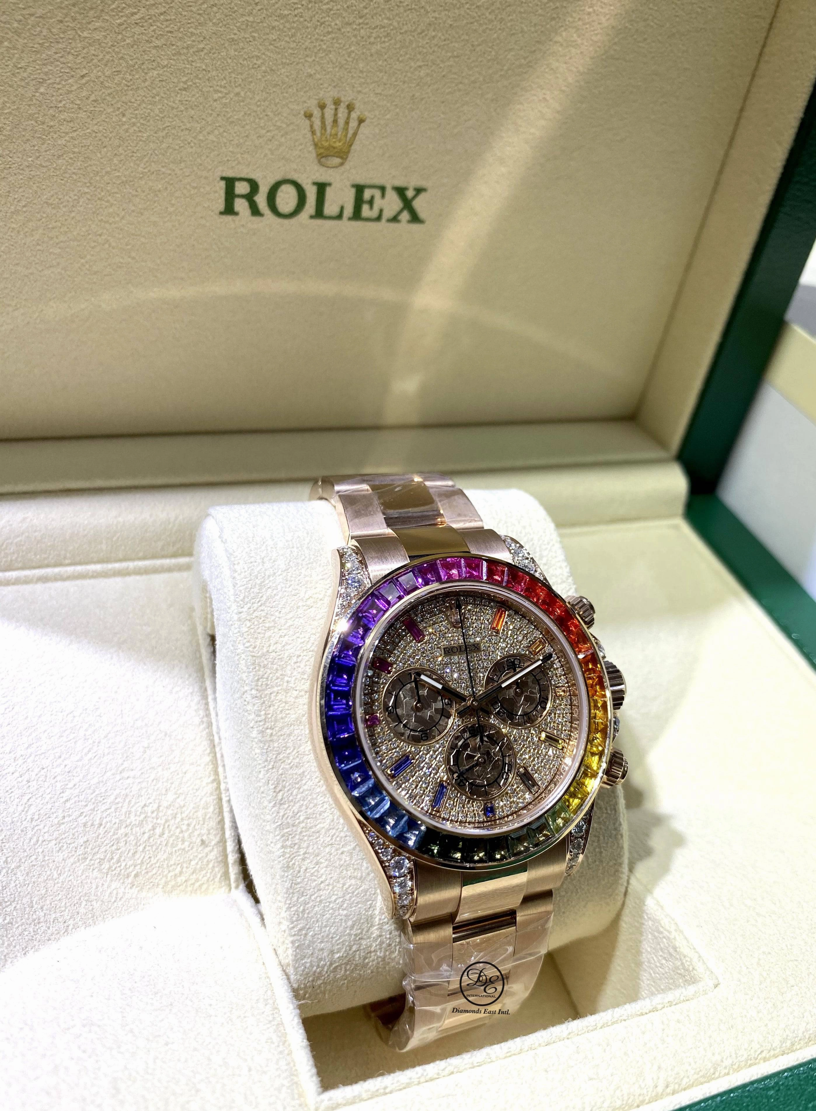 Rolex Daytona 116505 Custom Rainbow Diamonds and Sapphires 18K Rose Gold Watch MINT