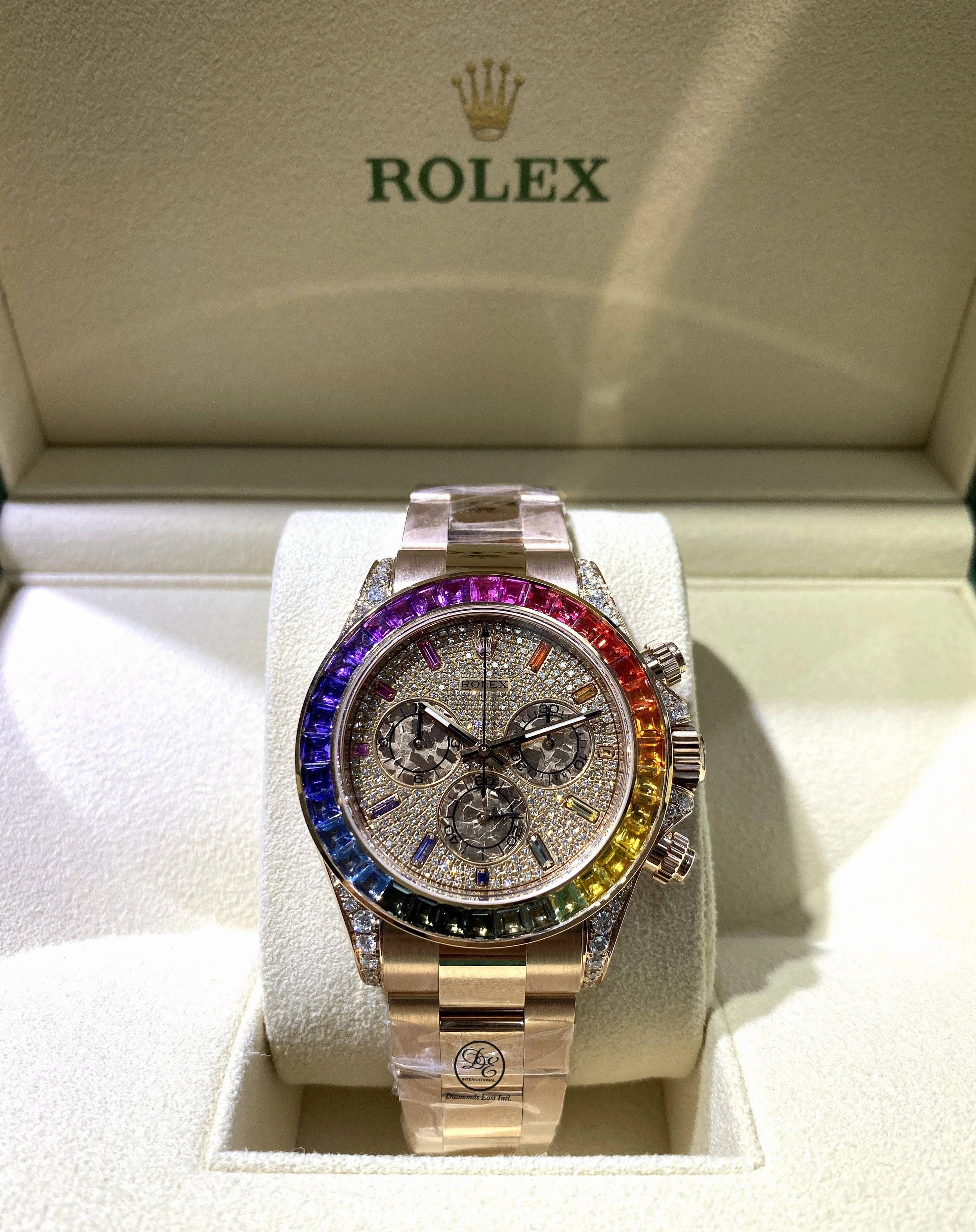 Rolex Daytona 116505 Custom Rainbow Diamonds and Sapphires 18K Rose Gold Watch MINT