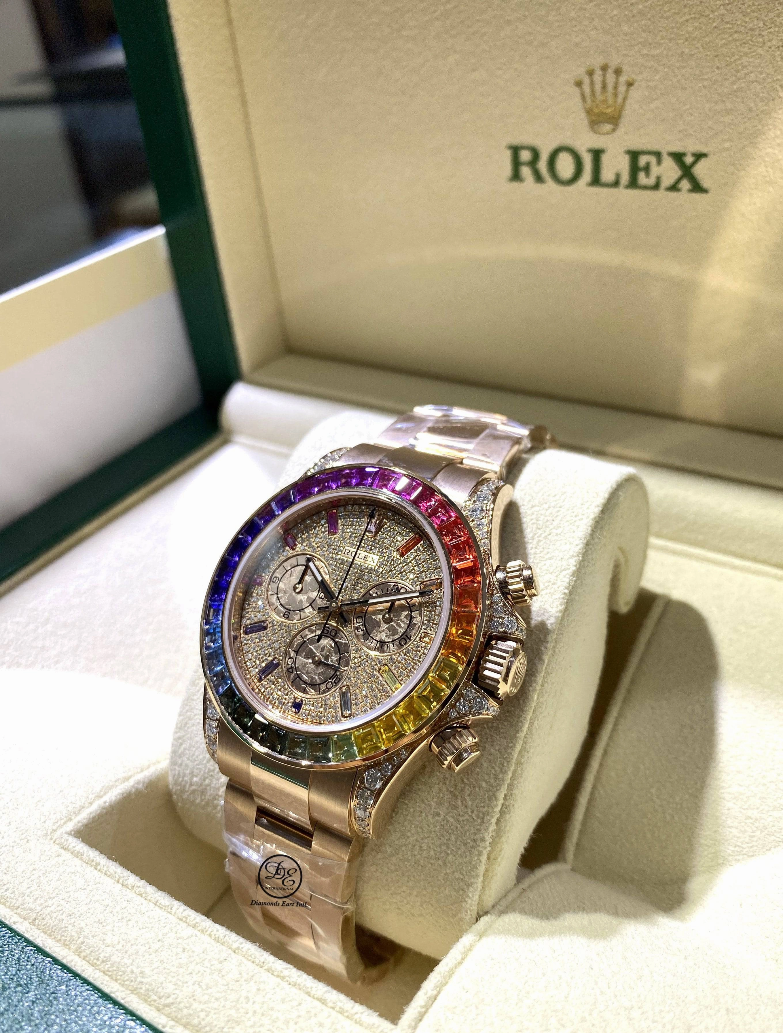 Rolex Daytona 116505 Custom Rainbow Diamonds and Sapphires 18K Rose Gold Watch MINT
