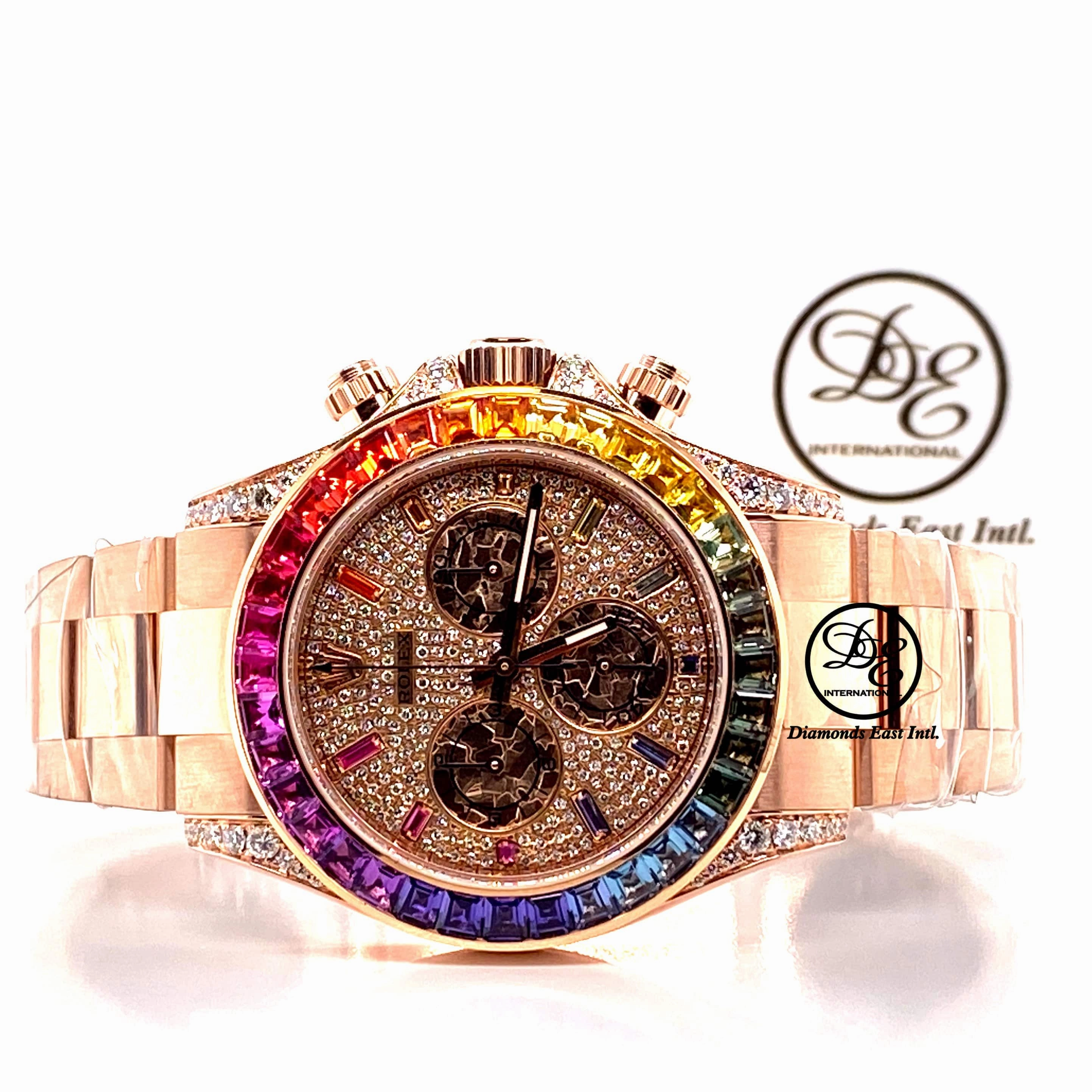 Rolex Daytona 116505 Custom Rainbow Diamonds and Sapphires 18K Rose Gold Watch MINT